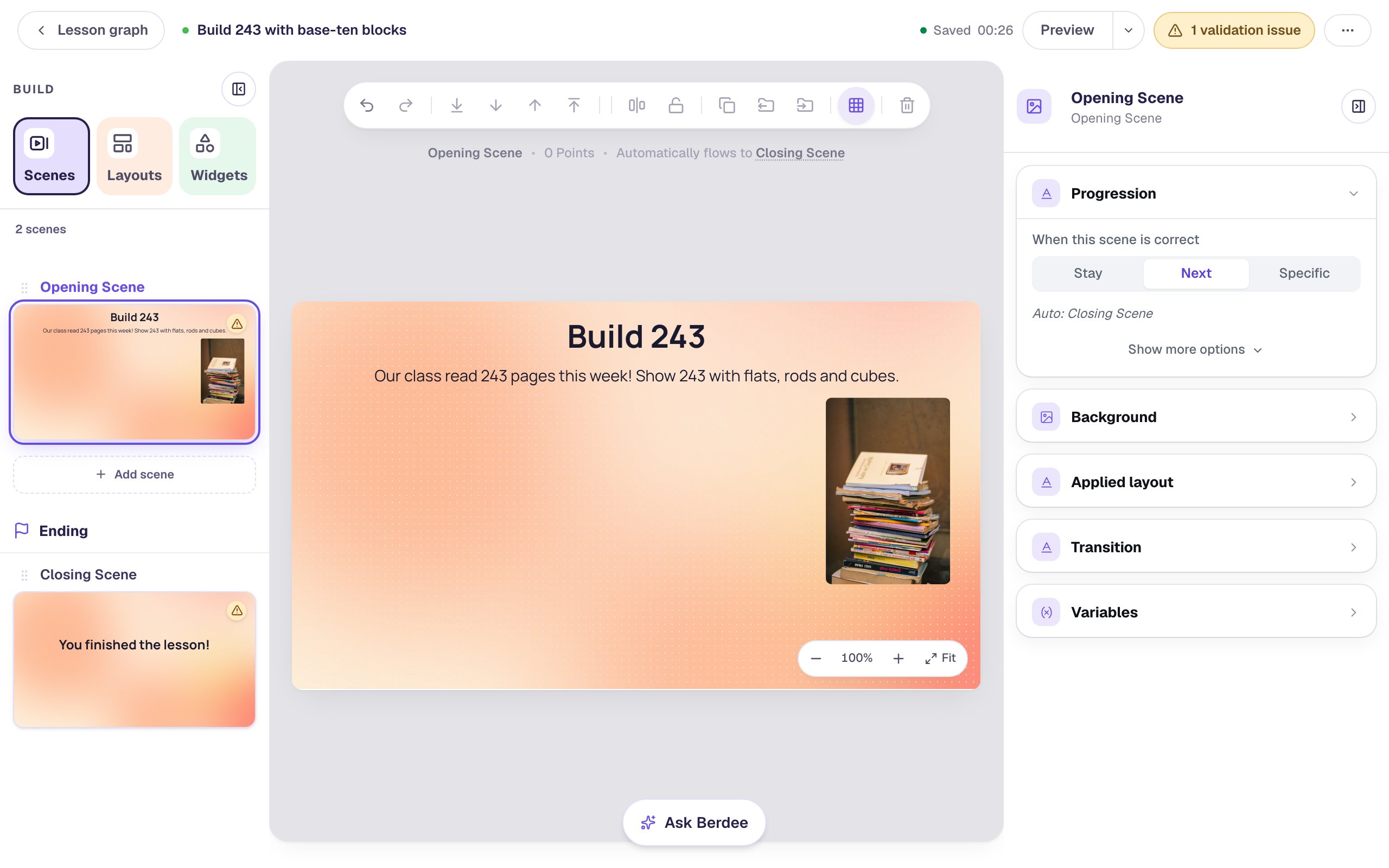 The Opening Scene on a peach-colored gradient, with the heading Build 243, the sentence Our class read 243 pages this week! Show 243 with flats, rods and cubes, and a photo of a tall stack of books on the right