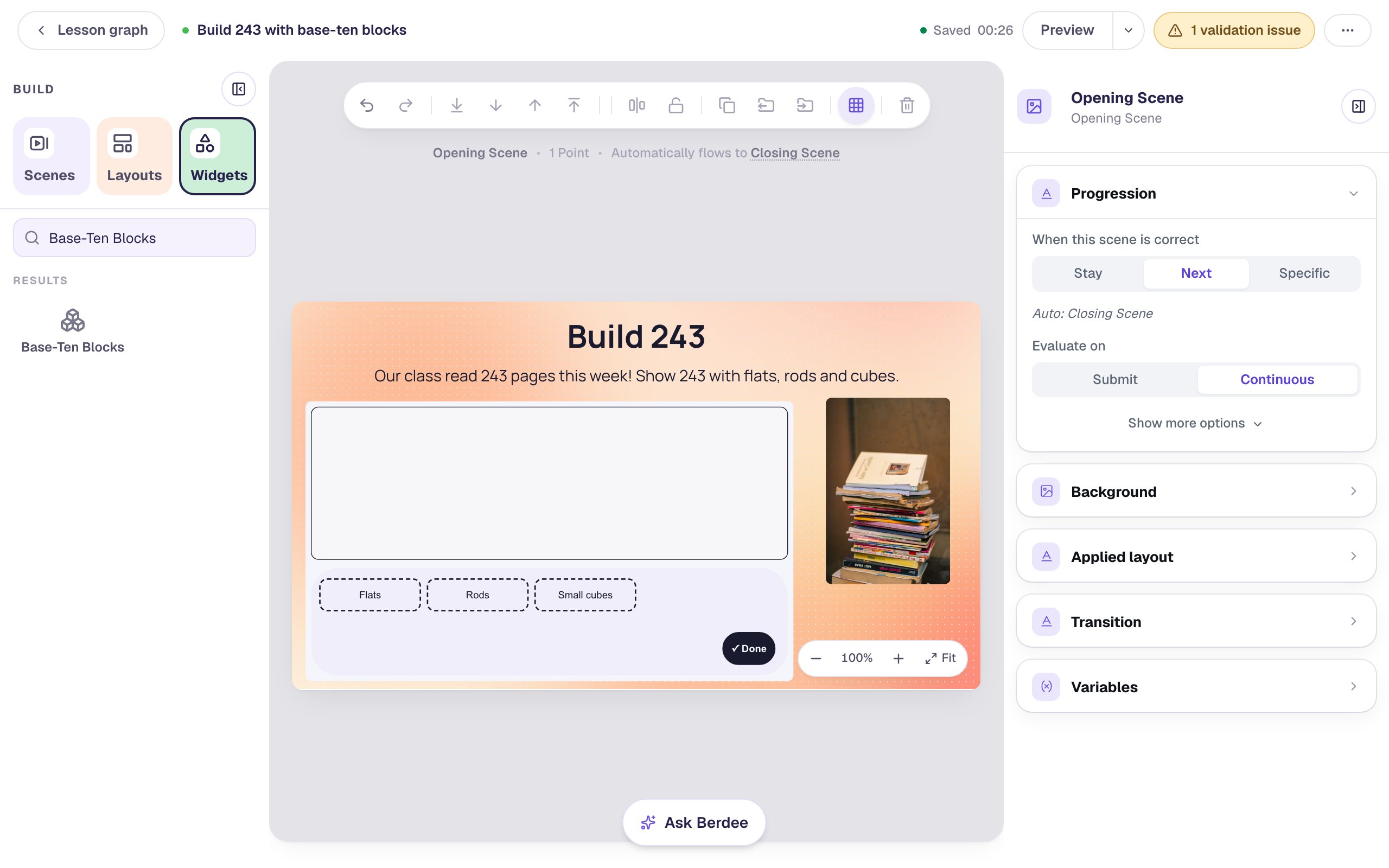 The scene with the Base-Ten Blocks widget showing an empty mat, trays labeled Flats, Rods and Small cubes, and a Done button