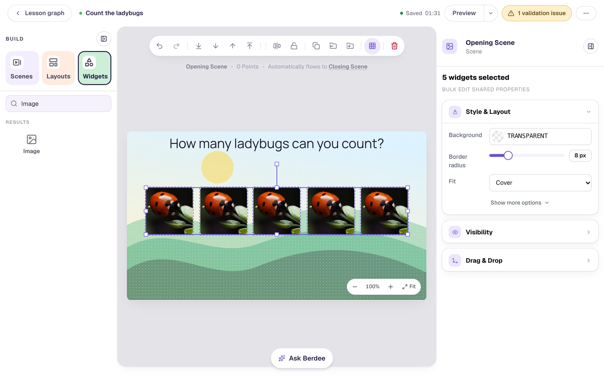 All five ladybugs selected inside one selection box, with 5 widgets selected and Bulk edit shared properties in the properties panel