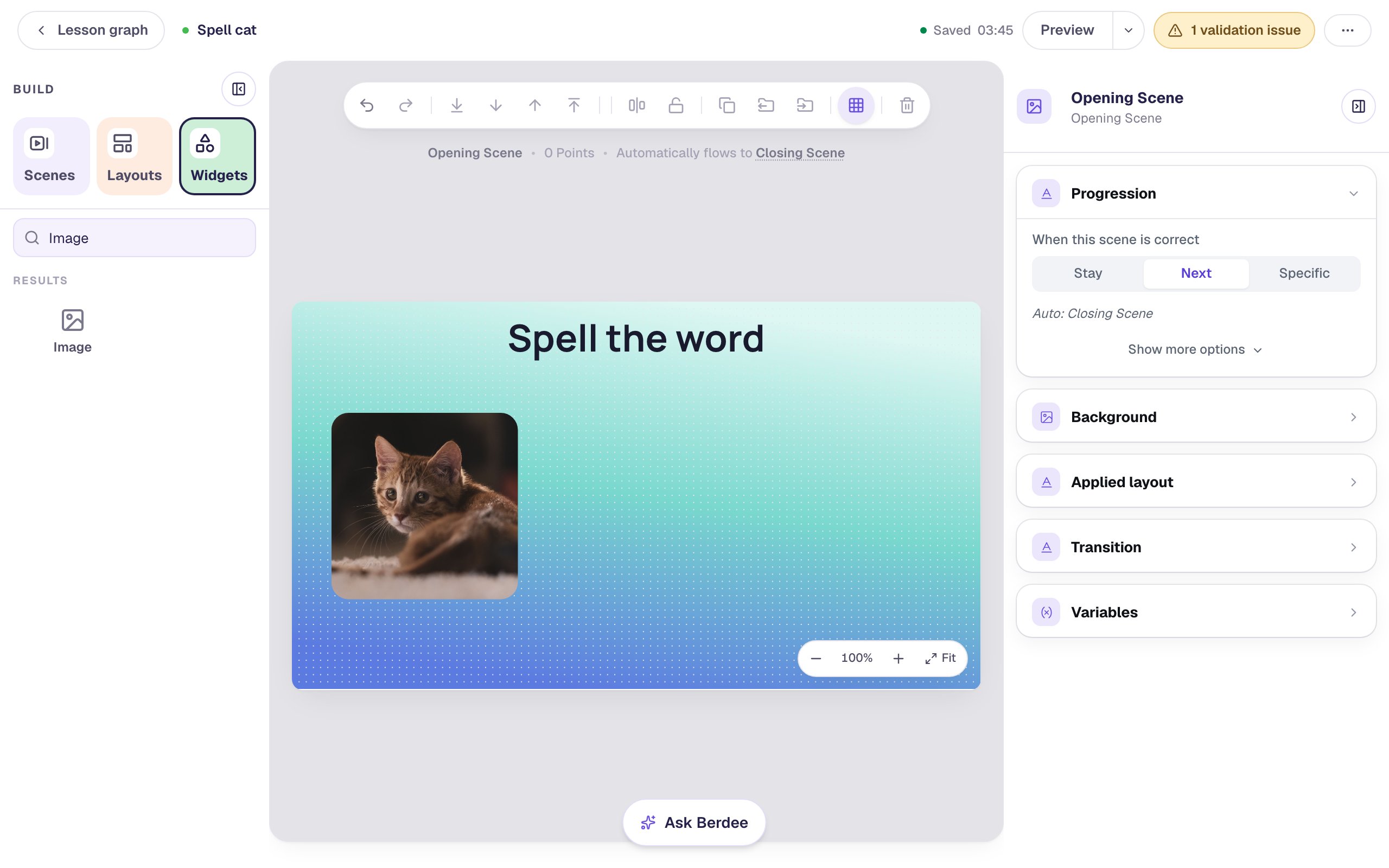 The scene with a teal-to-blue gradient background, the heading Spell the word, and a square photo of a tabby kitten on the left