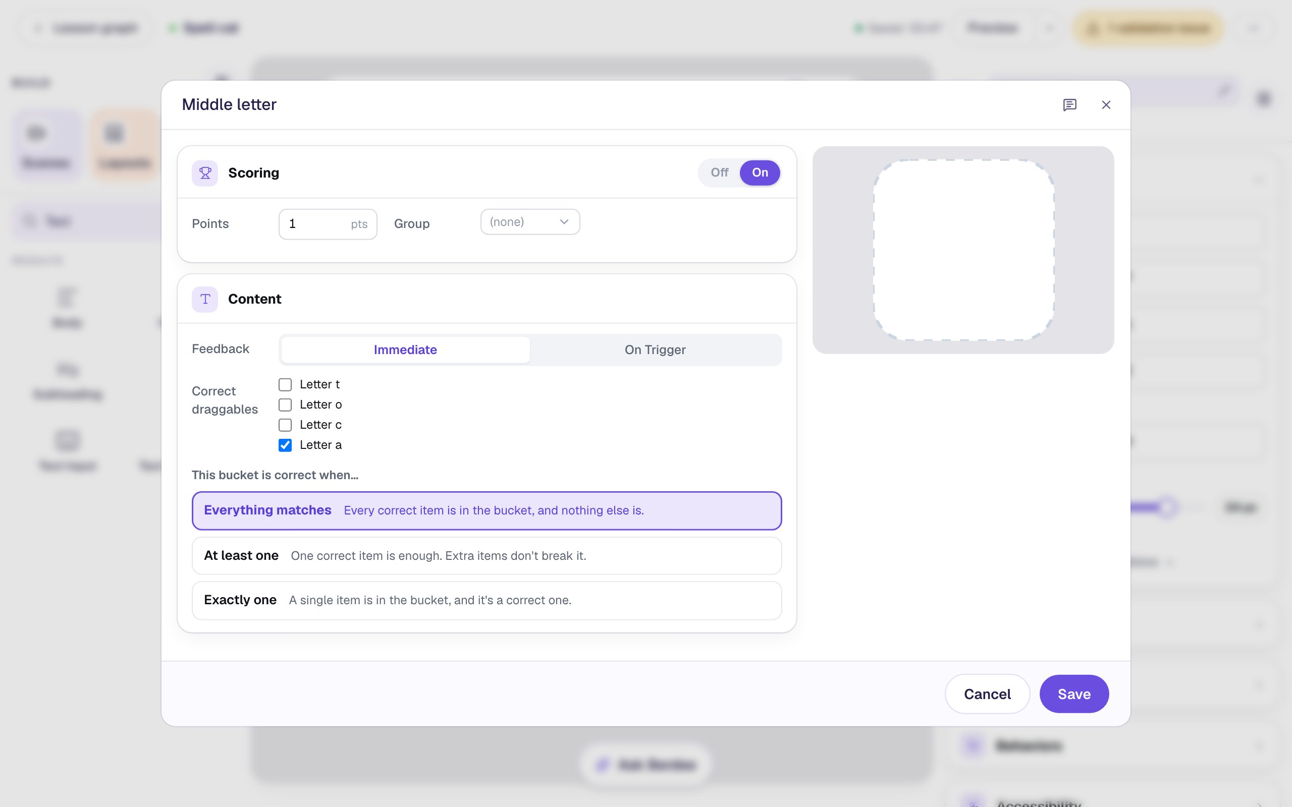 The Middle letter Configure window: Scoring on at 1 point, Feedback set to Immediate, only Letter a ticked under Correct draggables, and Everything matches selected