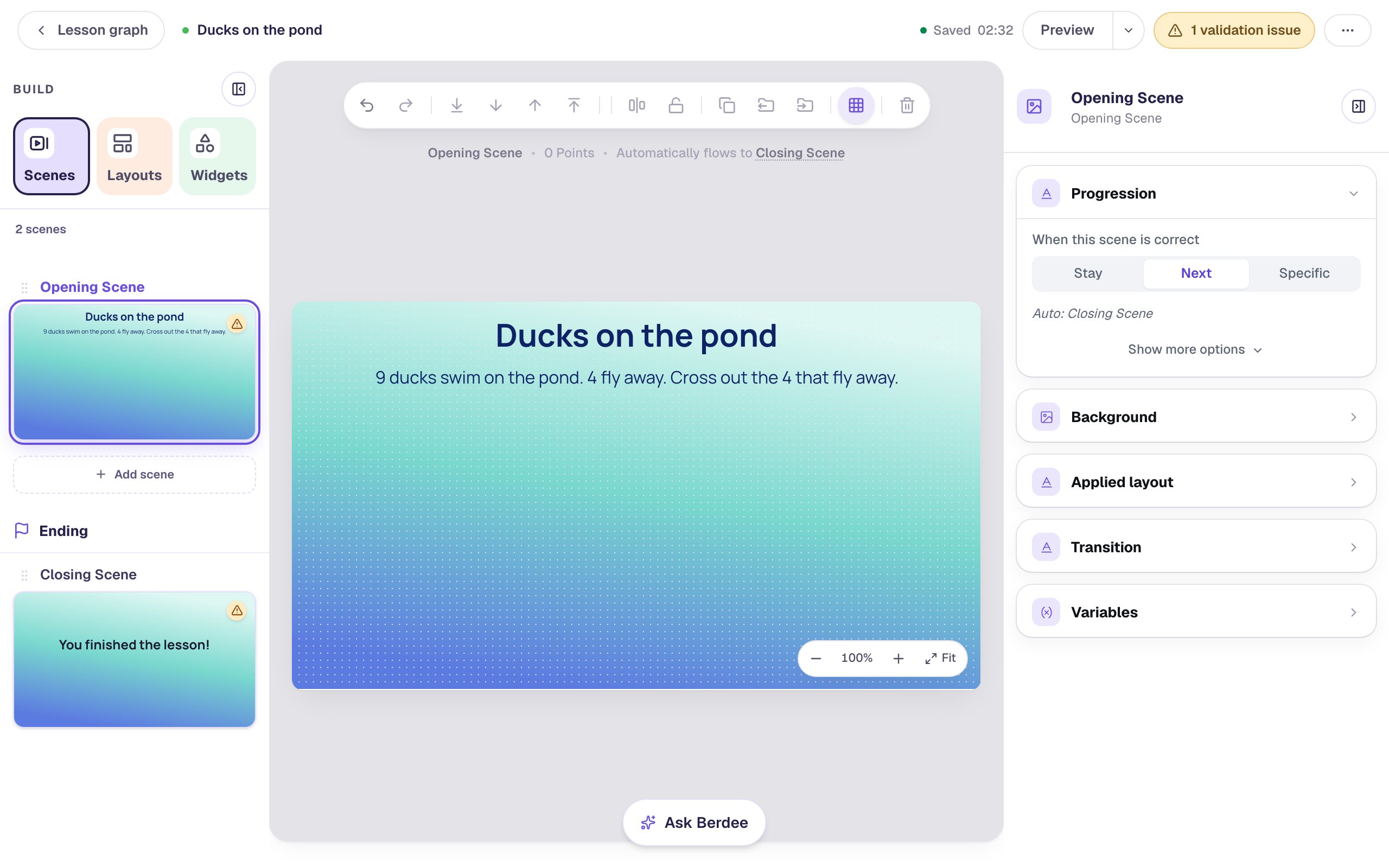 The Opening Scene on a mint-to-blue gradient, with the navy heading Ducks on the pond and the story 9 ducks swim on the pond. 4 fly away. Cross out the 4 that fly away.