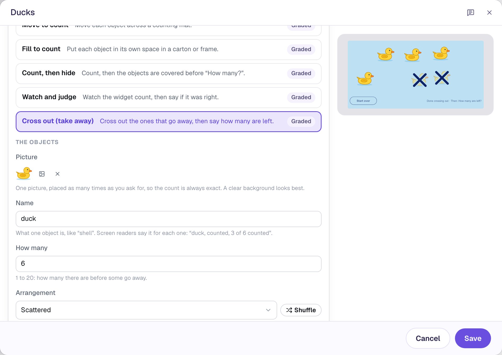 The Configure window with Cross out (take away) selected and tagged Graded, then The objects with the yellow duck picture, Name duck and How many 6; the preview shows six ducks, two of them crossed out with a navy X