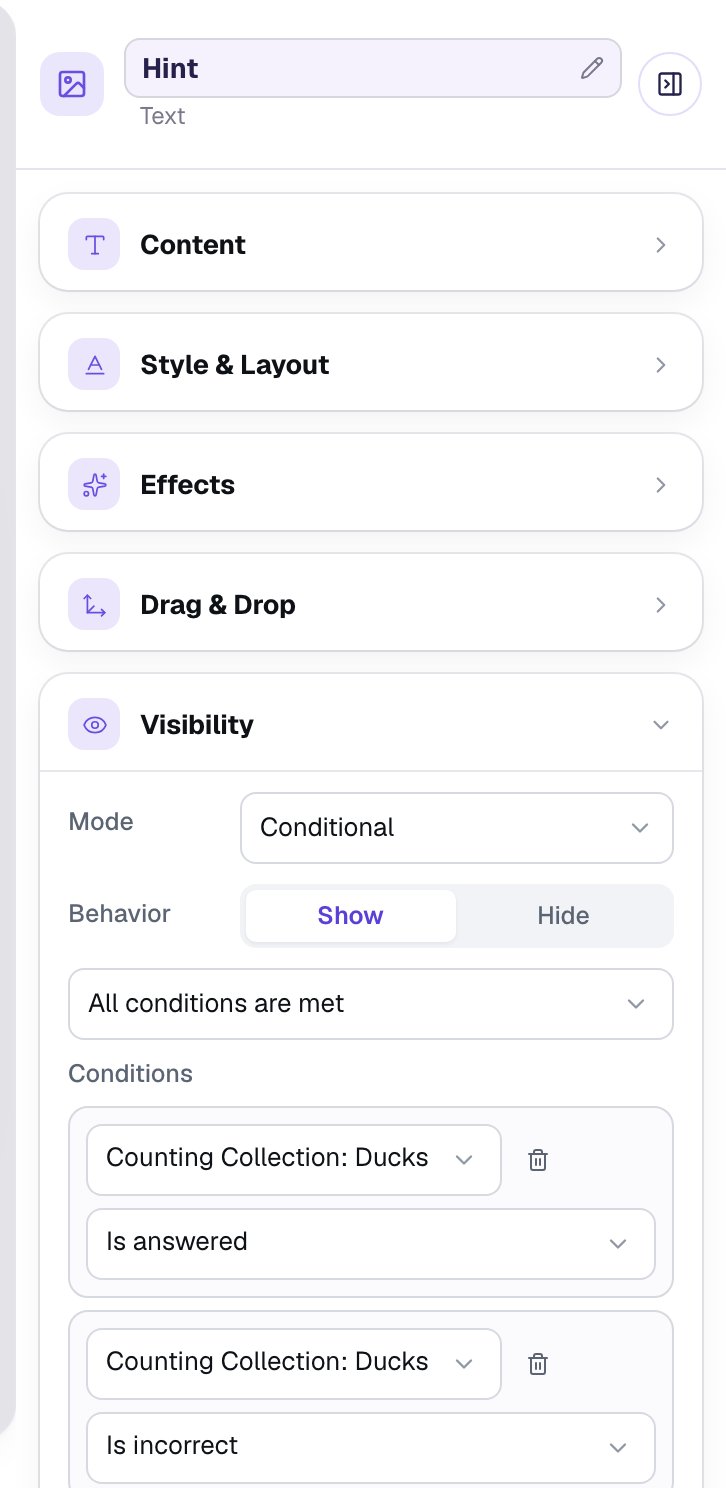 The Hint's Visibility settings: Mode Conditional, Behavior Show, All conditions are met, and the conditions Counting Collection: Ducks Is answered and Counting Collection: Ducks Is incorrect