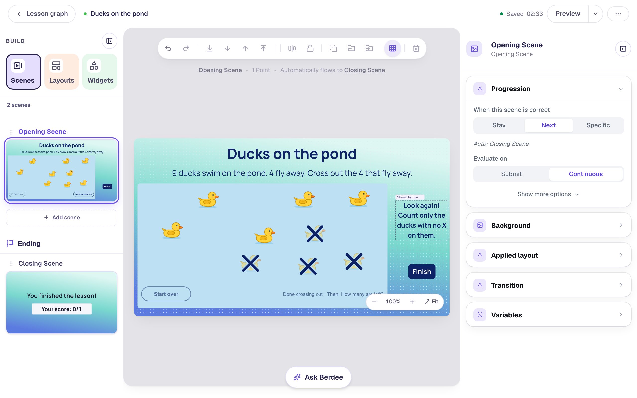 The finished Opening Scene: the story, nine yellow ducks on the pale blue collection with four crossed out in the canvas preview, the Hint text marked Shown by rule on the right, and a navy Finish button under it; the scene line reads 1 Point and Automatically flows to Closing Scene