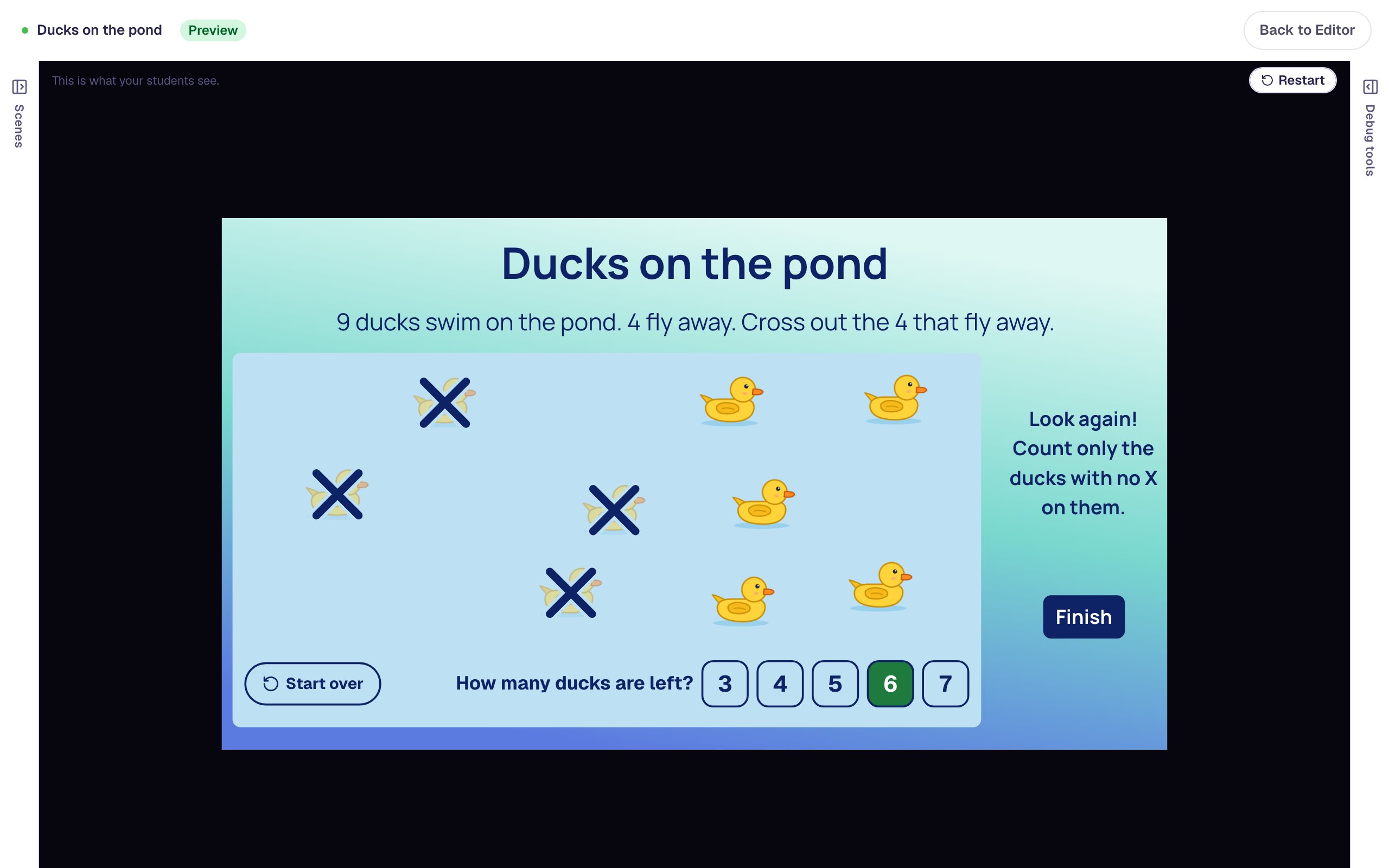 The Preview with How many ducks are left? and the numerals 3, 4, 5, 6 and 7 inside the collection, 6 highlighted in green as the student's pick, and the hint Look again! Count only the ducks with no X on them. beside the collection