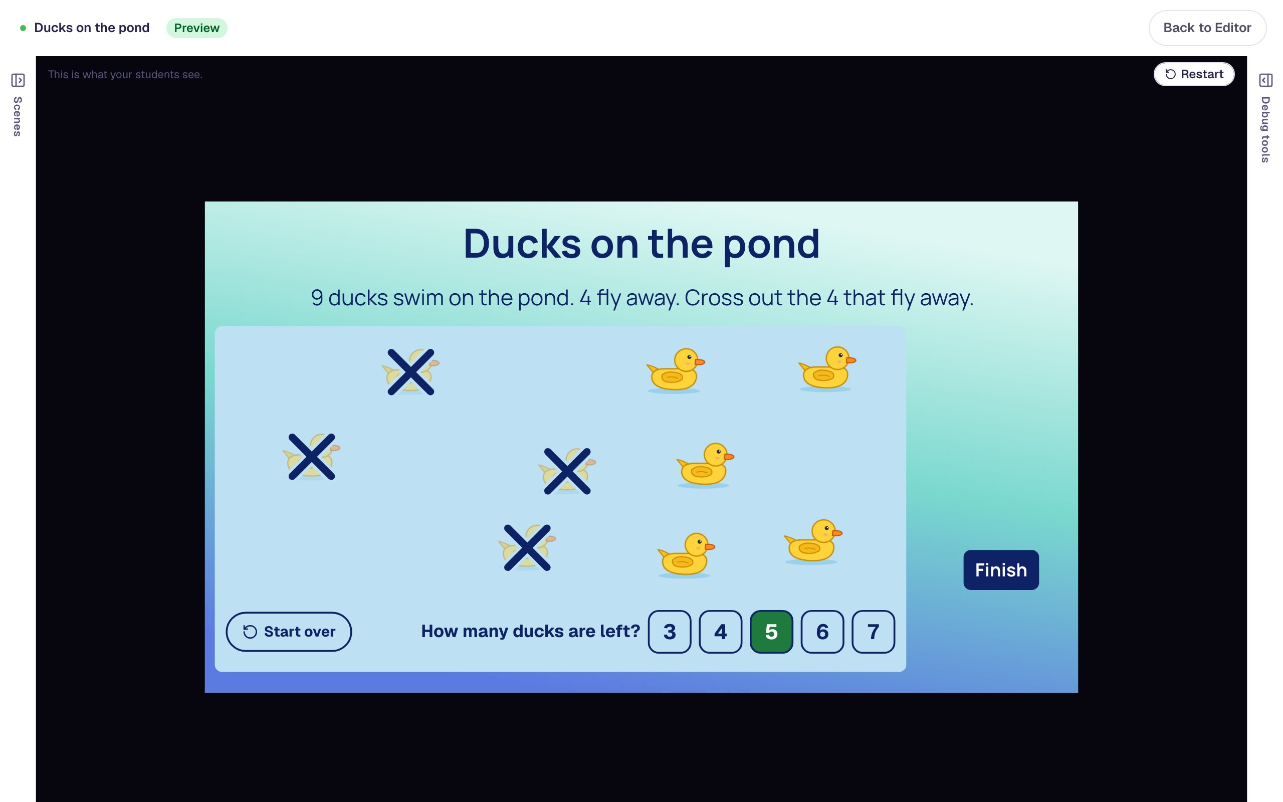 The Preview with the numeral 5 highlighted under the four crossed-out ducks and five swimming ones, and the hint gone