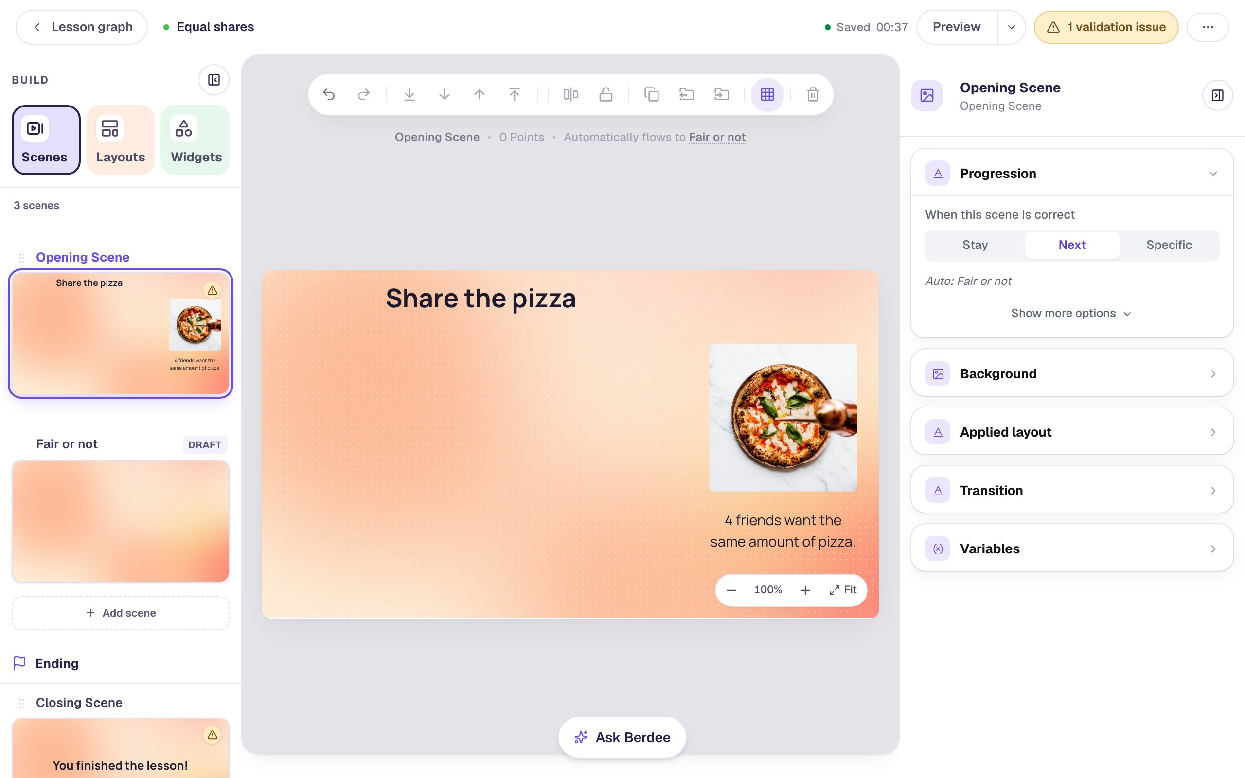 The Opening Scene on a peach and orange gradient with the heading Share the pizza at the top, a photo of a Margherita pizza on marble on the right, and the line 4 friends want the same amount of pizza. under the photo; the left of the scene is still empty