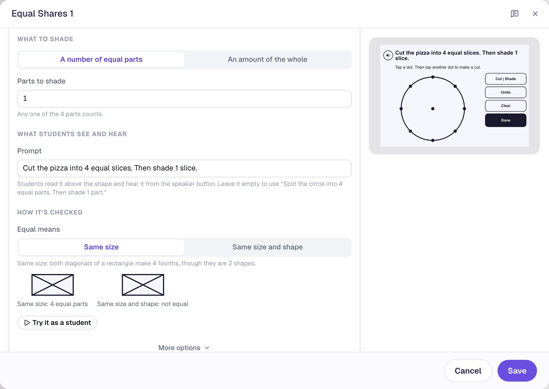 The Configure window scrolled to What to shade, with Parts to shade 1 and the note Any one of the 4 parts counts., the Prompt field reading Cut the pizza into 4 equal slices. Then shade 1 slice., and How it's checked below with Equal means set to Same size