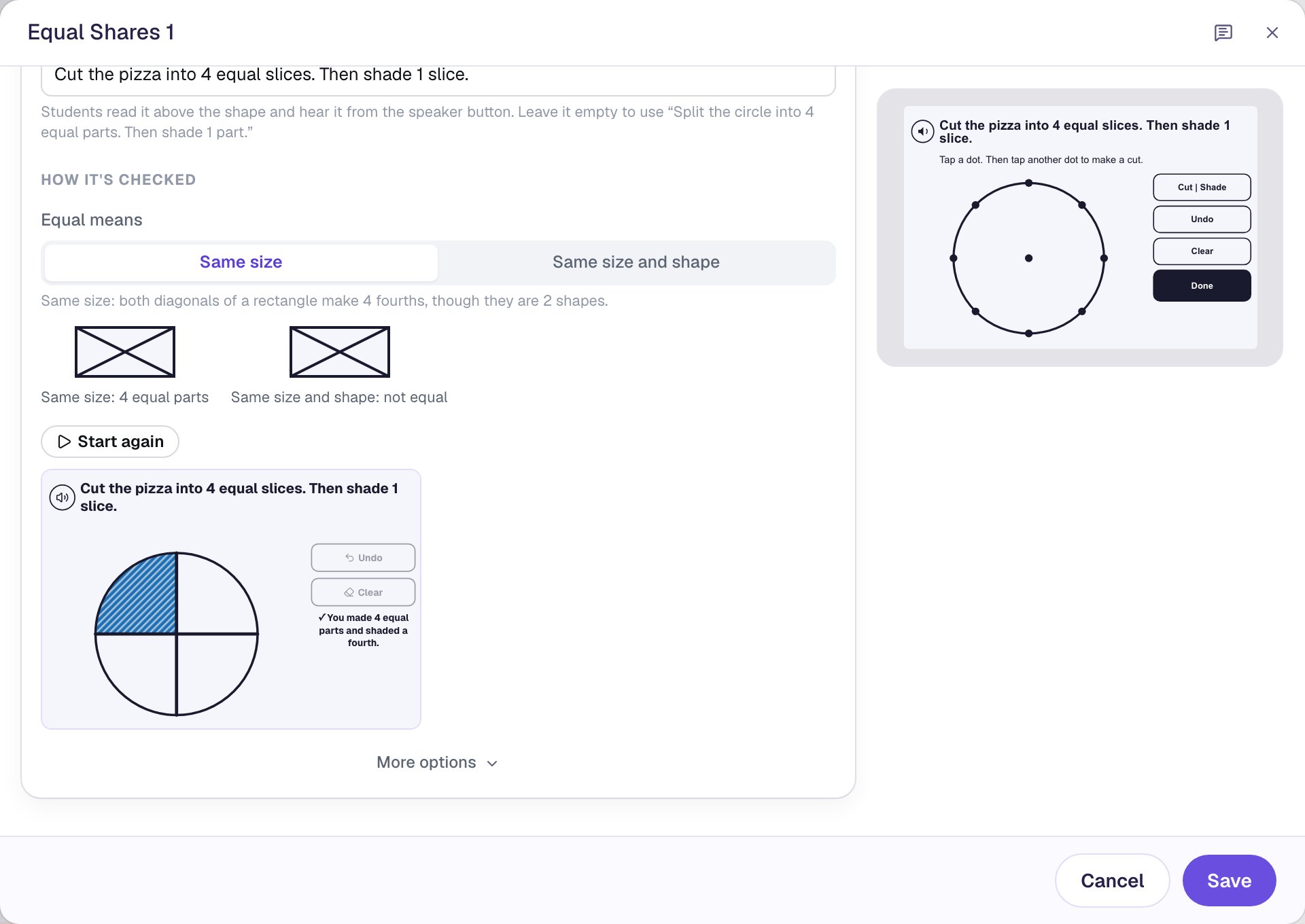 The Try it as a student preview in the Configure window: the circle cut into 4 equal parts with the top-left part shaded in blue stripes, Undo and Clear greyed out, and the message You made 4 equal parts and shaded a fourth.