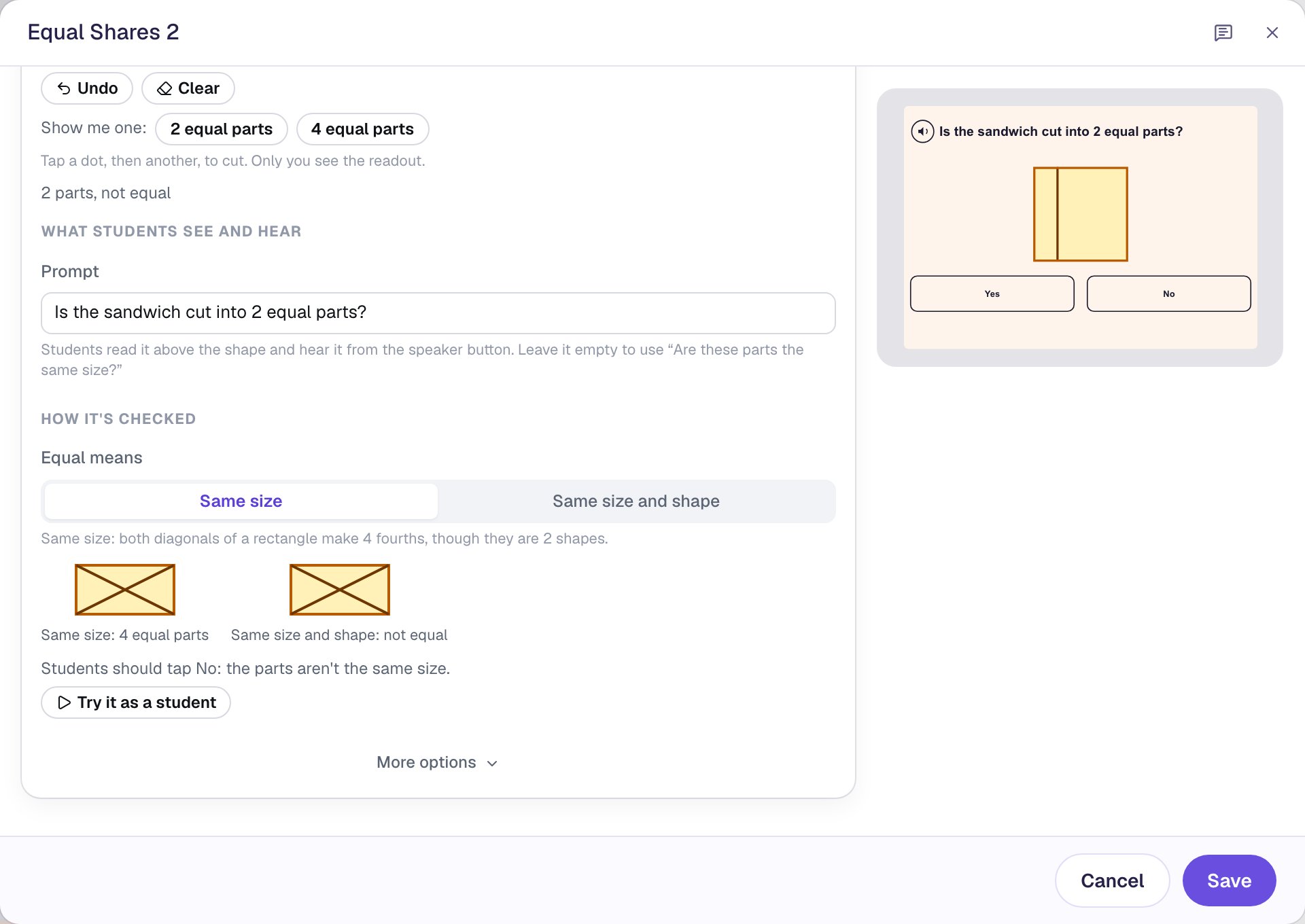 The Configure window under How it's checked with Equal means set to Same size and the line Students should tap No: the parts aren't the same size.; the preview on the right shows the prompt, the cut square and Yes and No buttons