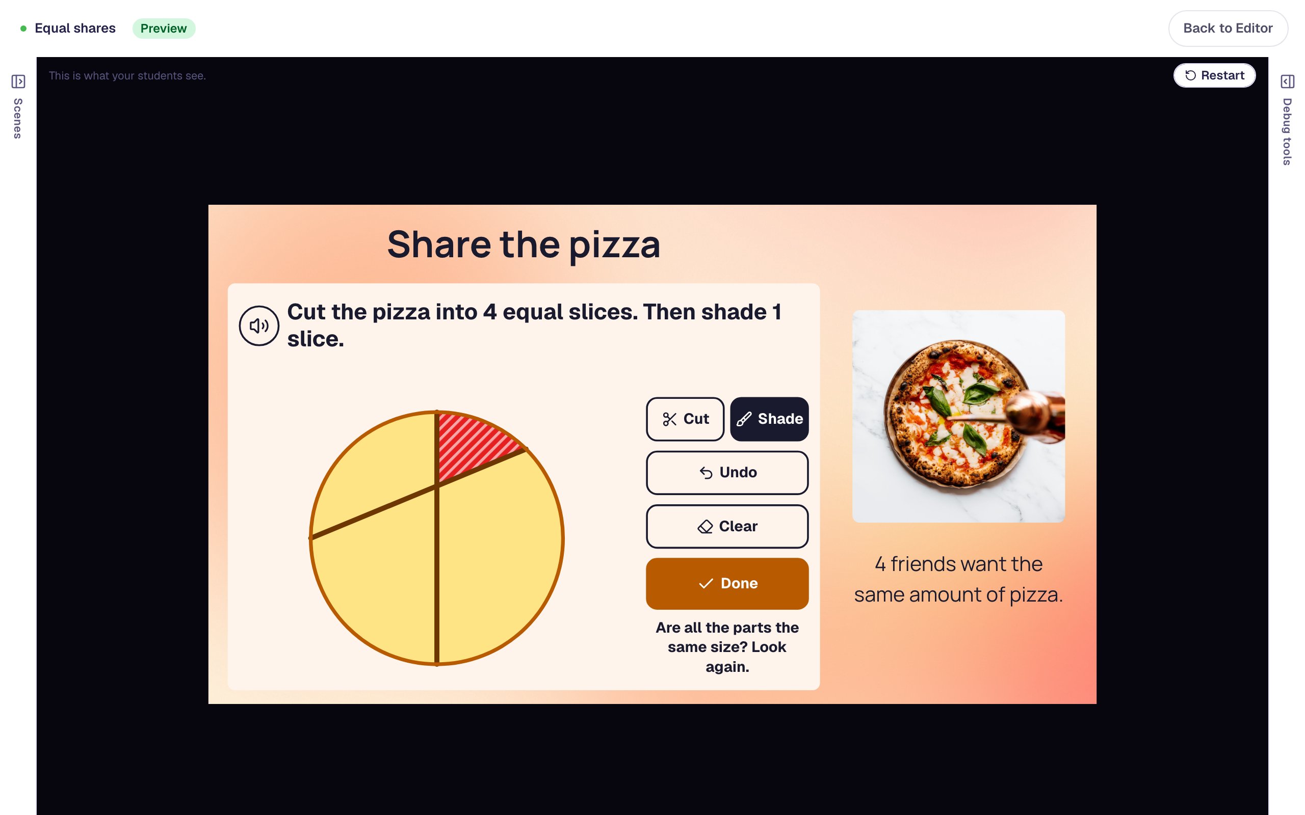 The pizza in Preview cut into 4 pieces of different sizes, with a small slice shaded red and the message Are all the parts the same size? Look again. under the Done button