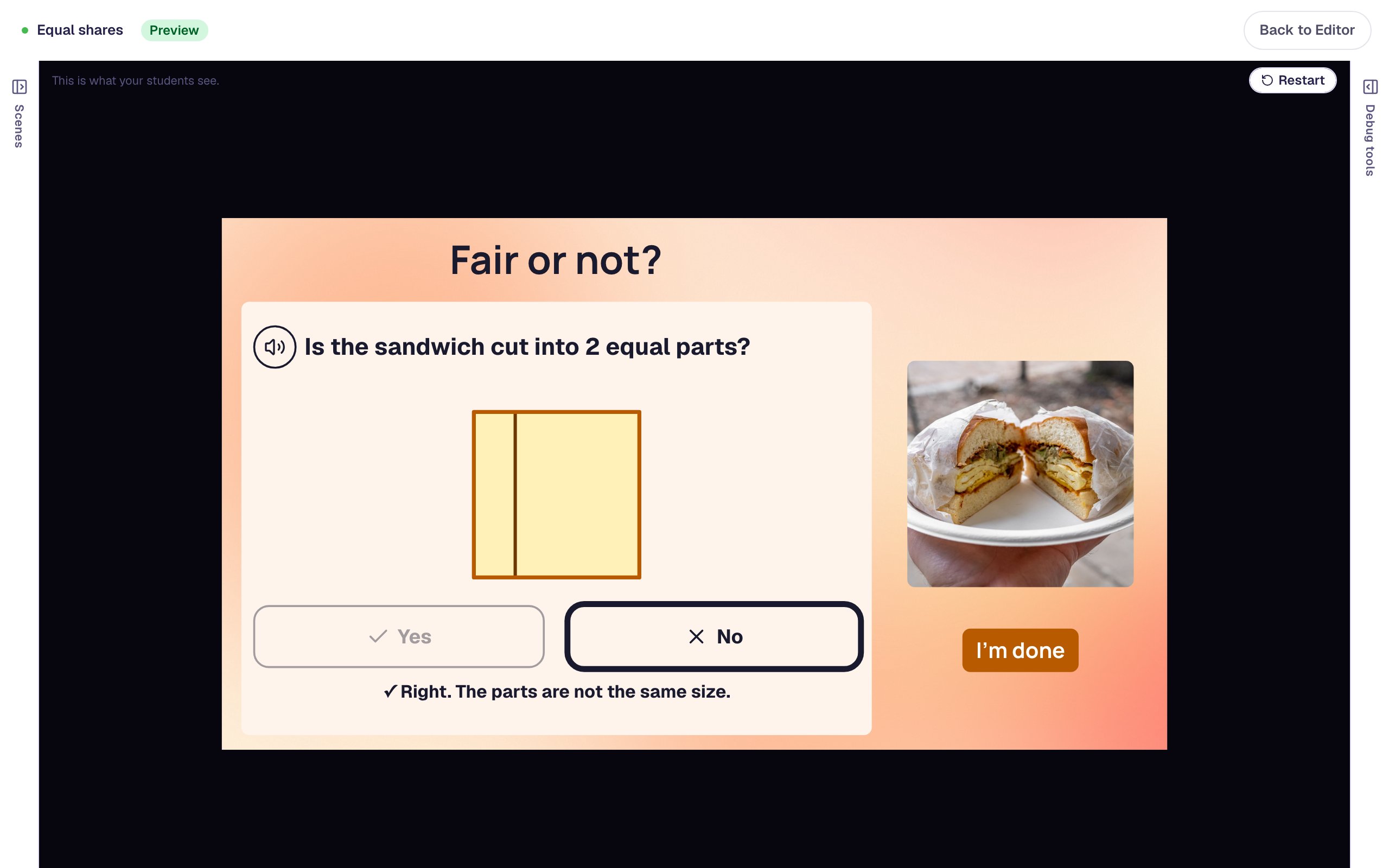 The sandwich scene in Preview with No chosen and ringed, Yes greyed out, and the message Right. The parts are not the same size.
