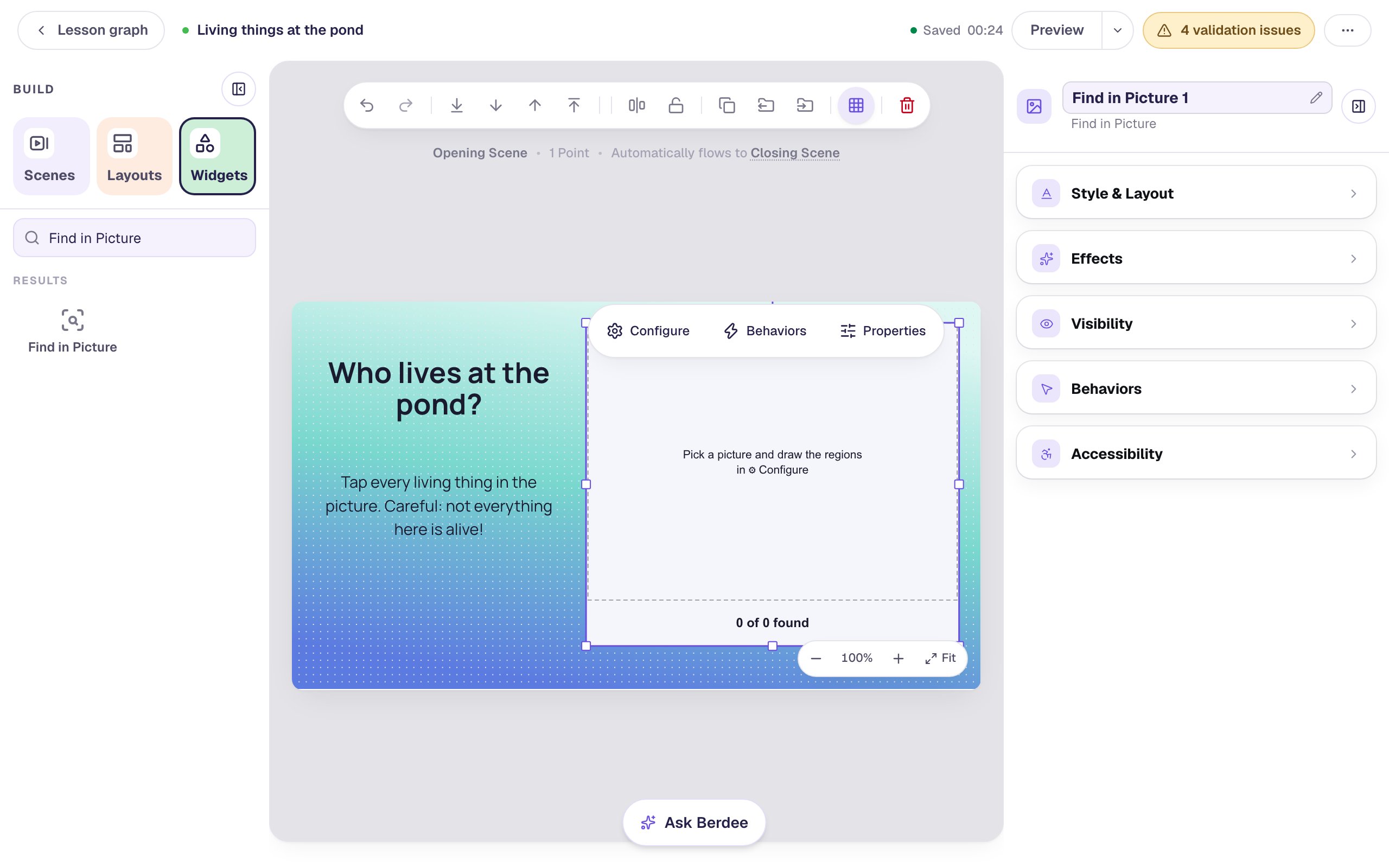 A new Find in Picture selected on the right half of the scene, empty, with the text Pick a picture and draw the regions in Configure and 0 of 0 found at the bottom