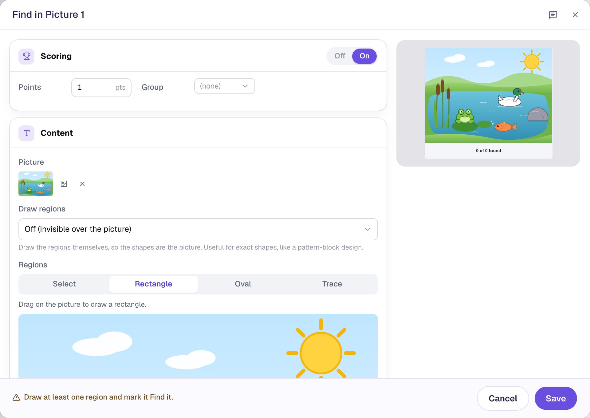 The Find in Picture's Configure window with Scoring on at 1 point, the pond picture under Picture, Draw regions set to Off, and the Regions editor below with Rectangle selected; the preview shows the pond and 0 of 0 found