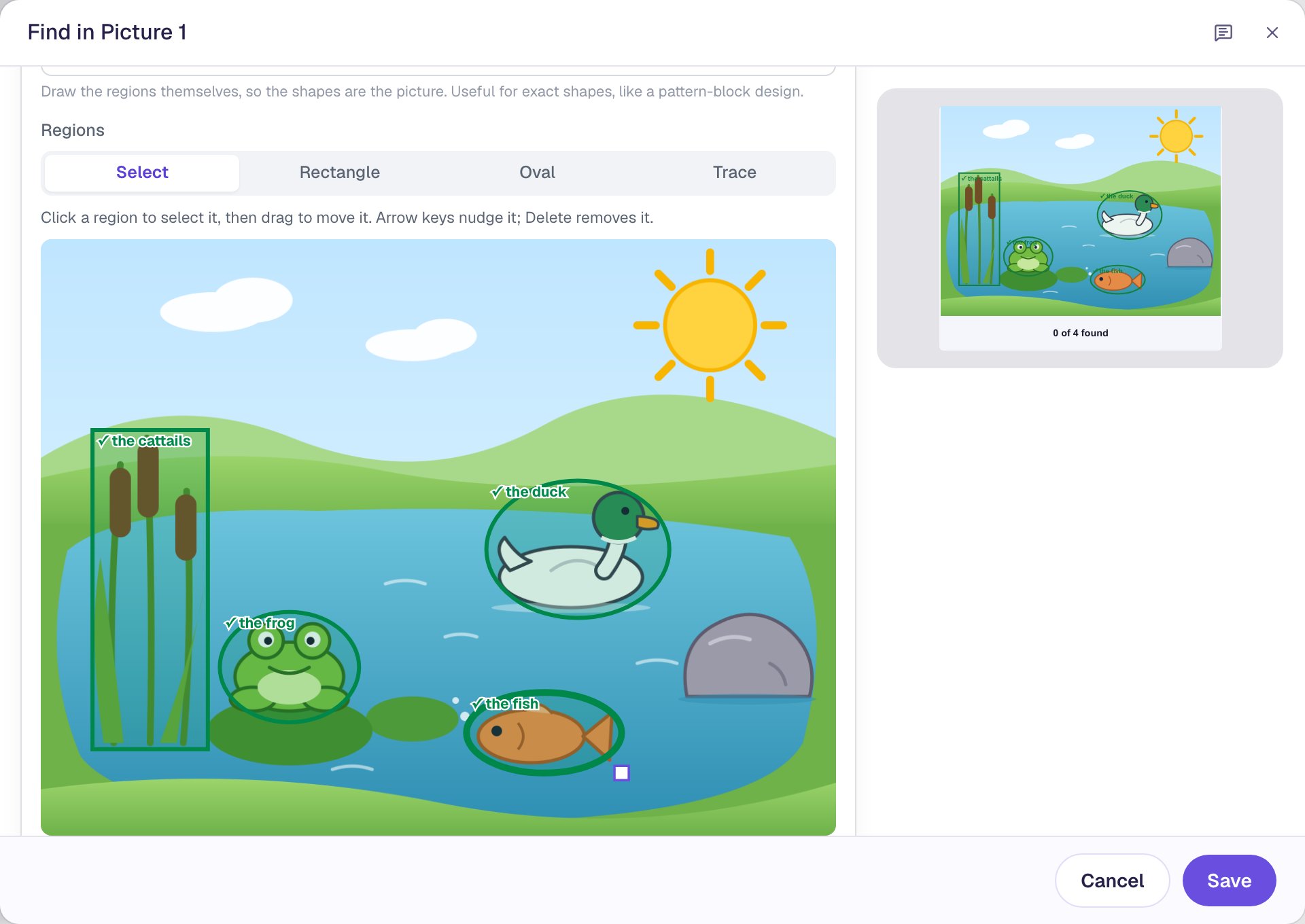 The region editor with green regions around the cattails, the duck, the frog and the fish, each labelled with a check mark and its name; the preview reads 0 of 4 found