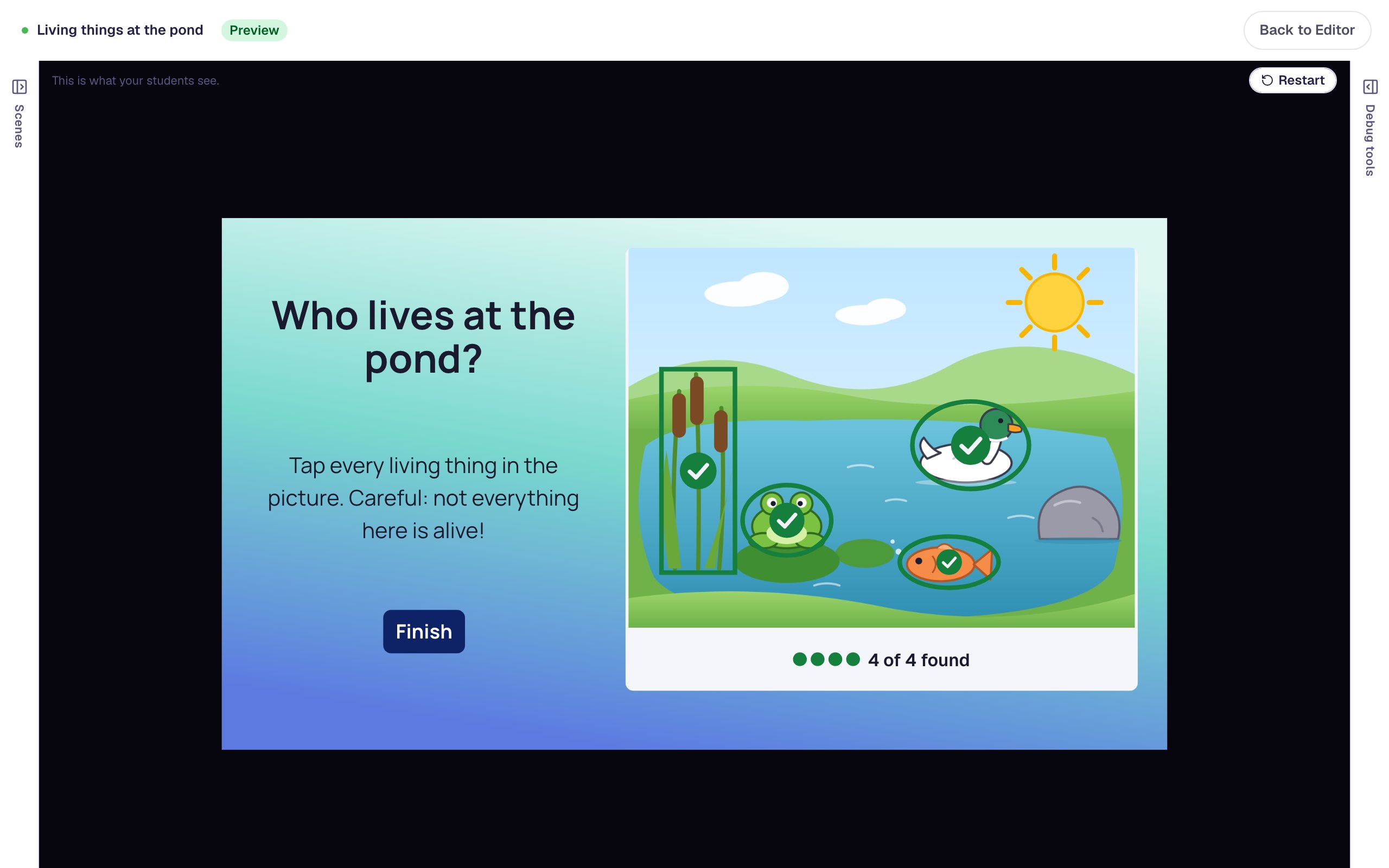 The Preview with green outlines and check marks on the cattails, the frog, the duck and the fish, nothing on the sun or the rock, and four filled dots with 4 of 4 found