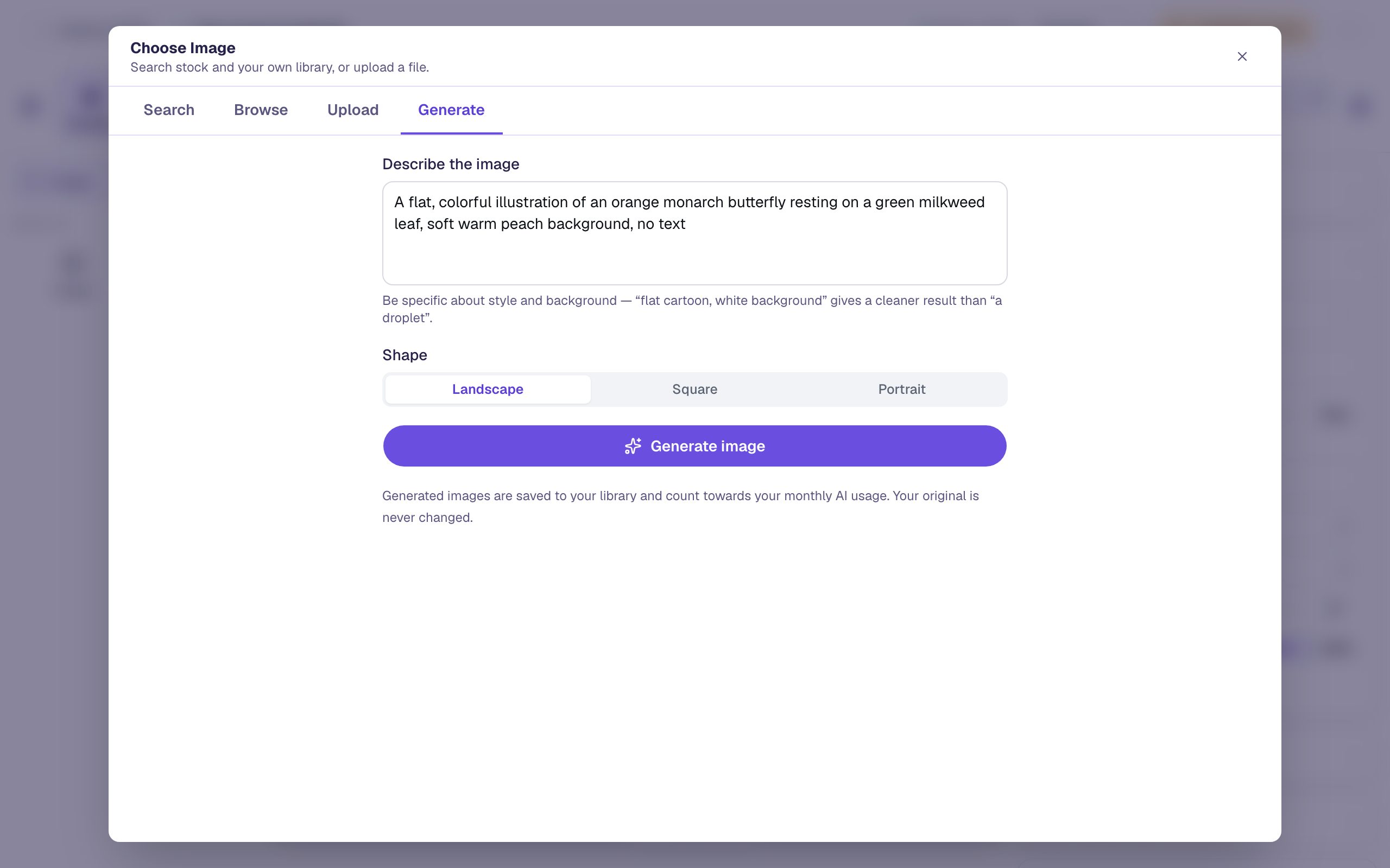 The Generate tab with the butterfly description filled in and Landscape selected