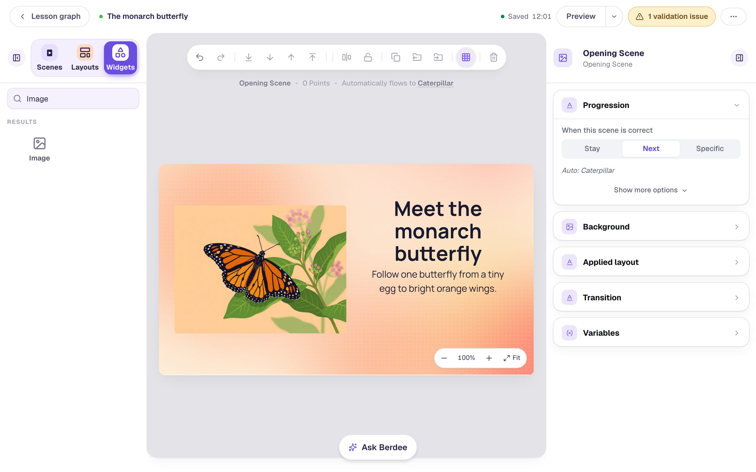 The opening scene with a generated monarch butterfly on a milkweed leaf beside the title