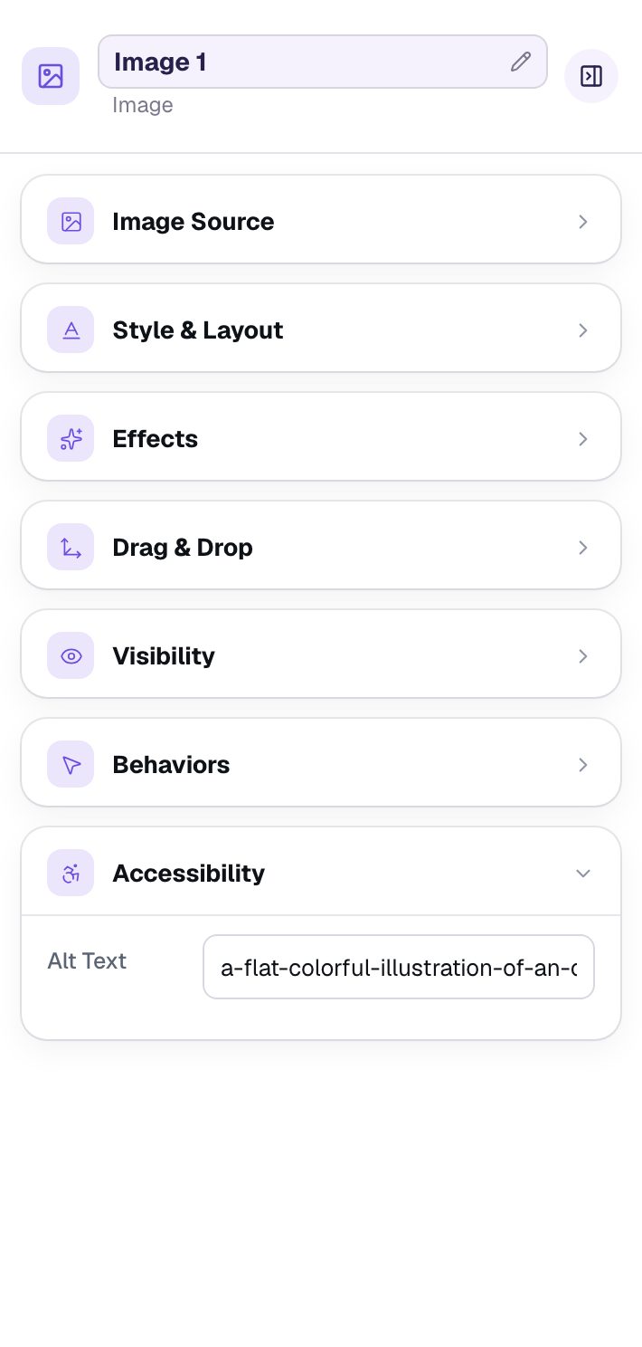 The Accessibility section showing Alt Text filled with a hyphenated file name