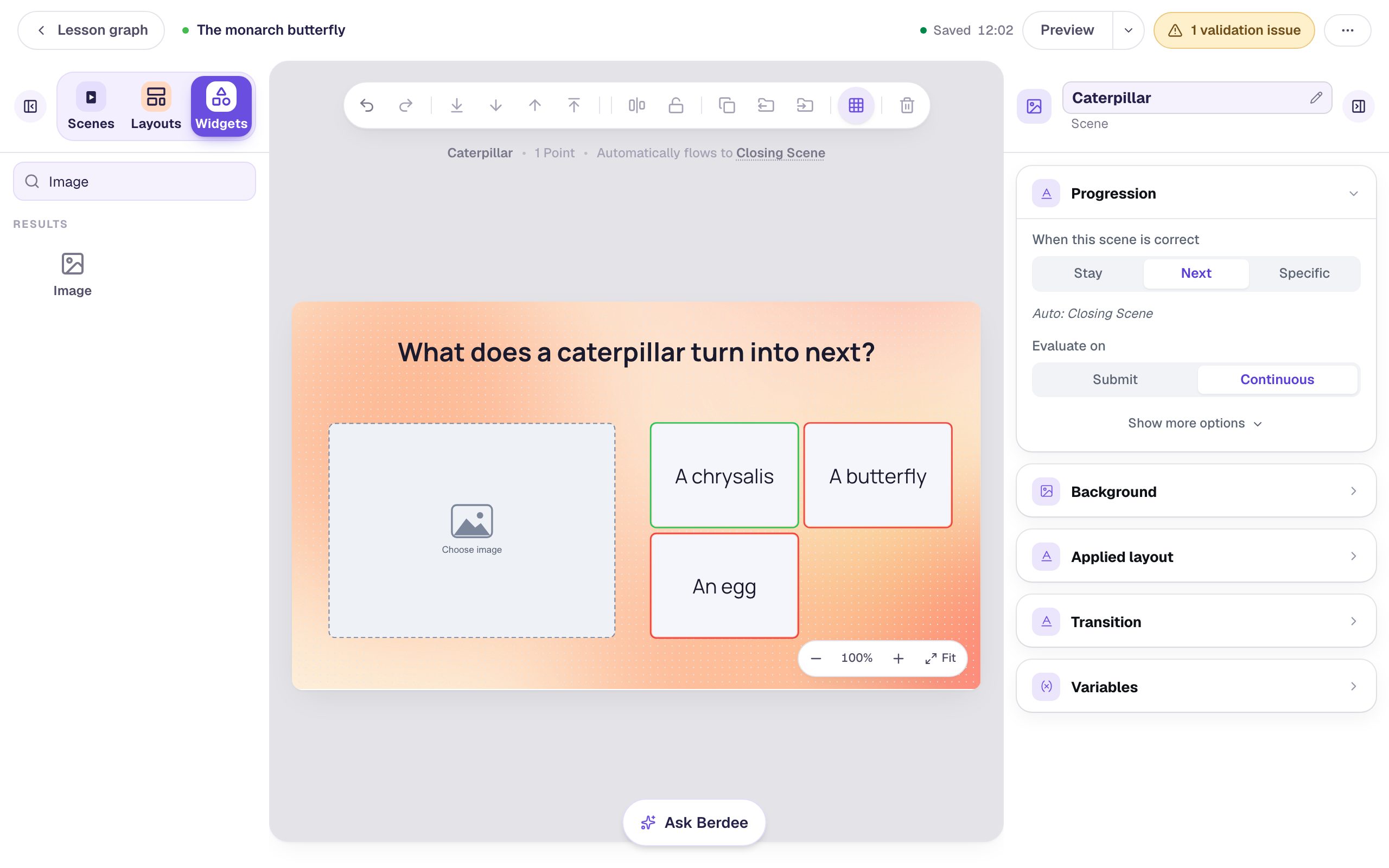 The Caterpillar scene with the question heading, three answers on the right, and an empty image box on the left