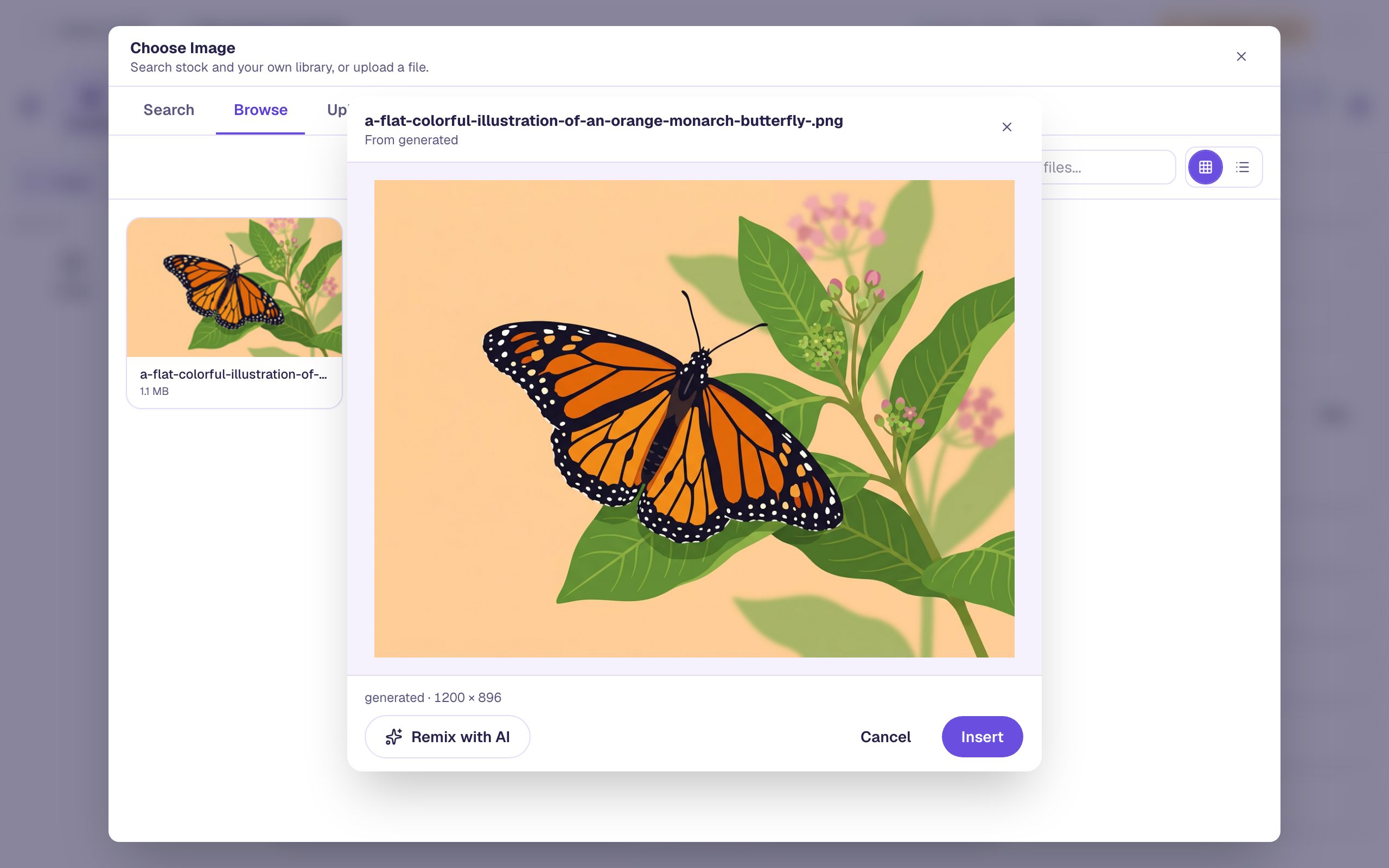The preview of the butterfly picture with Remix with AI at the bottom left, beside Cancel and Insert