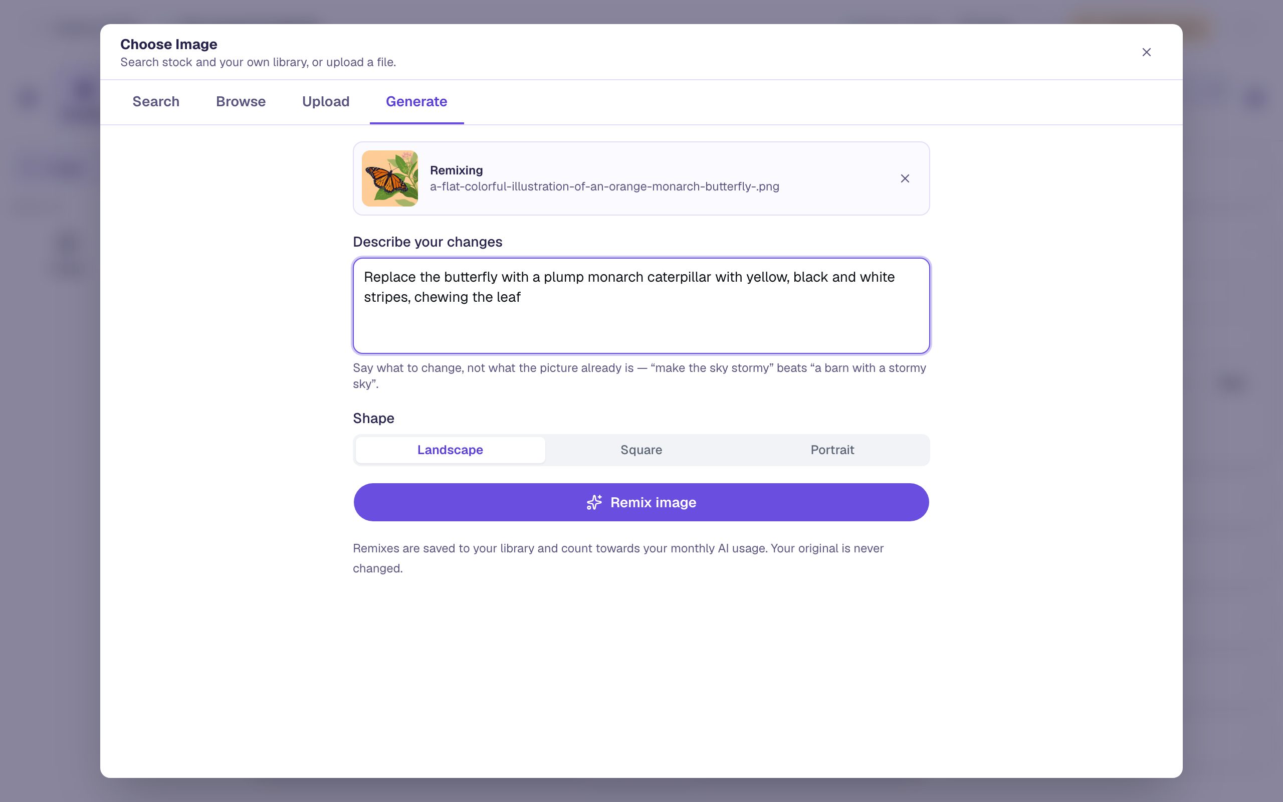 The Generate tab with the butterfly attached under Remixing and the change typed in