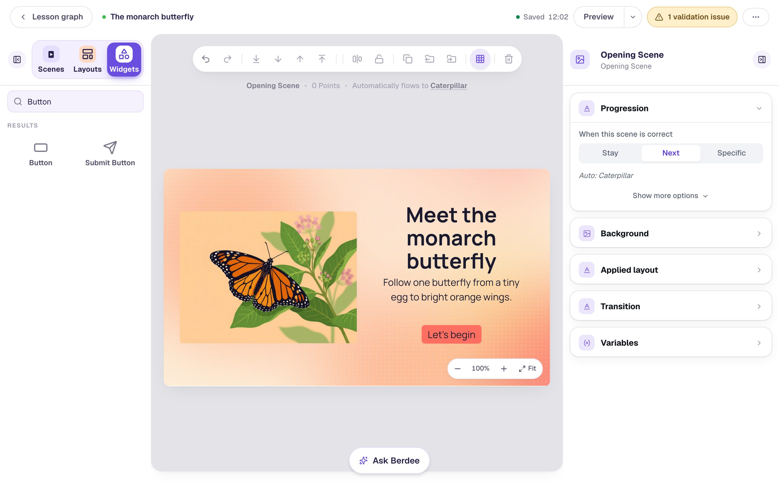 The finished opening scene with the butterfly, the title, the line of text, and a Let's begin button