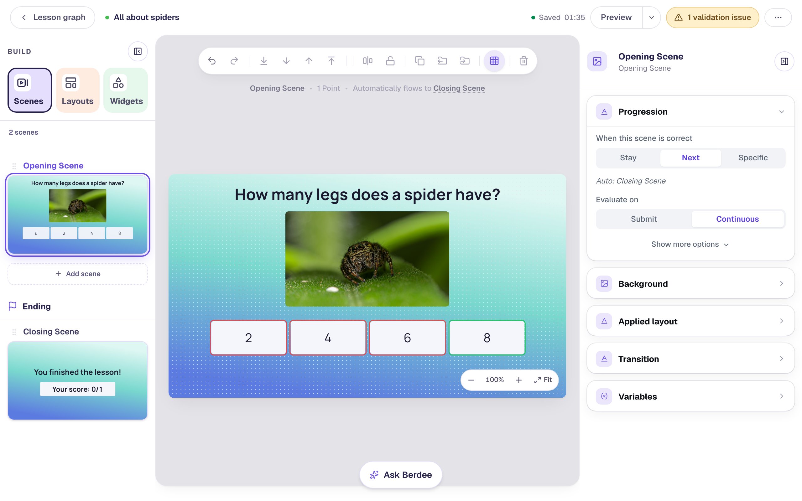 The Opening Scene on a teal-to-blue gradient: the question How many legs does a spider have?, a photo of a jumping spider on a leaf, and the answers 2, 4, 6 and 8 in a row