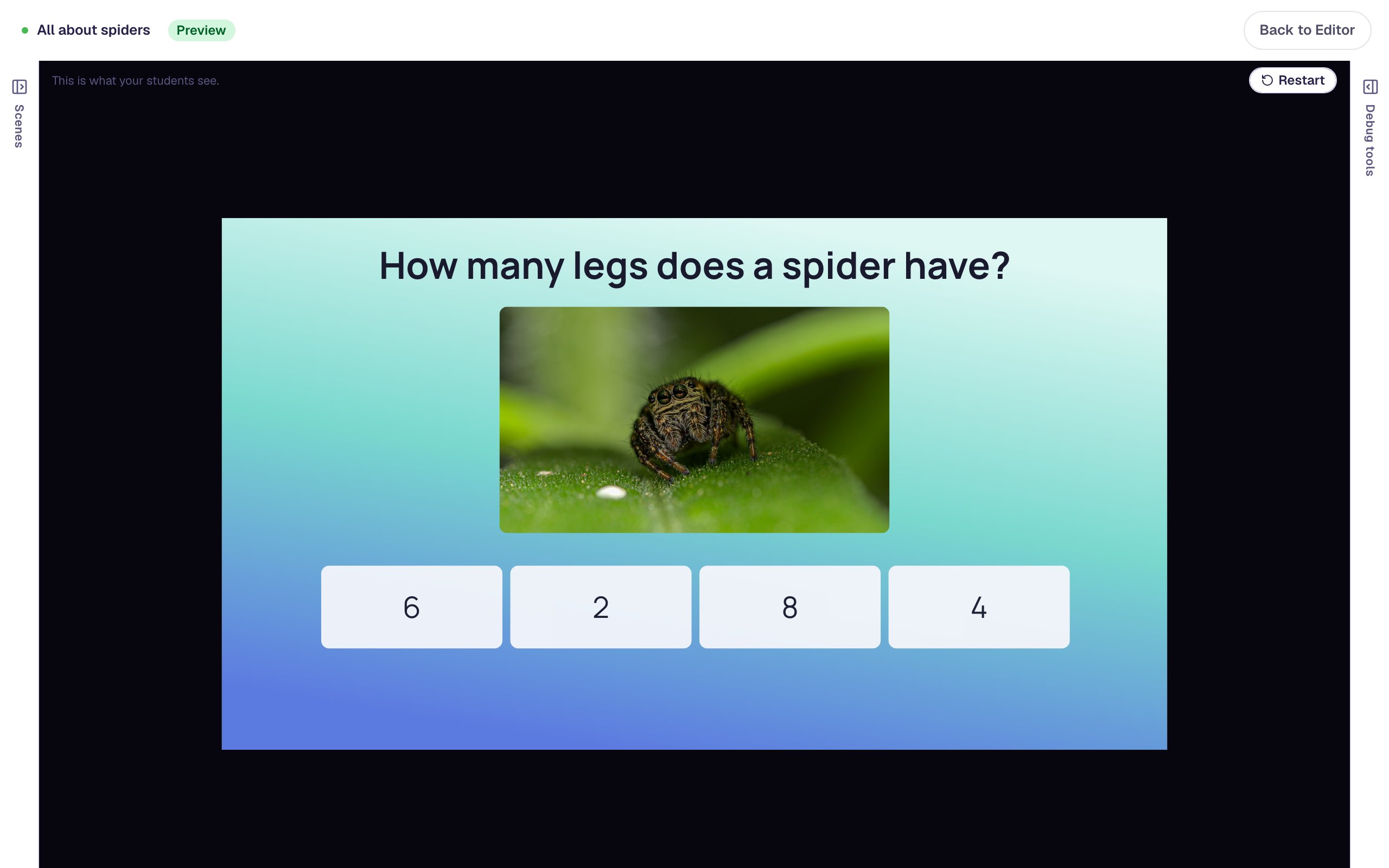 Preview of the spider question with the answers in a jumbled order instead of 2, 4, 6, 8