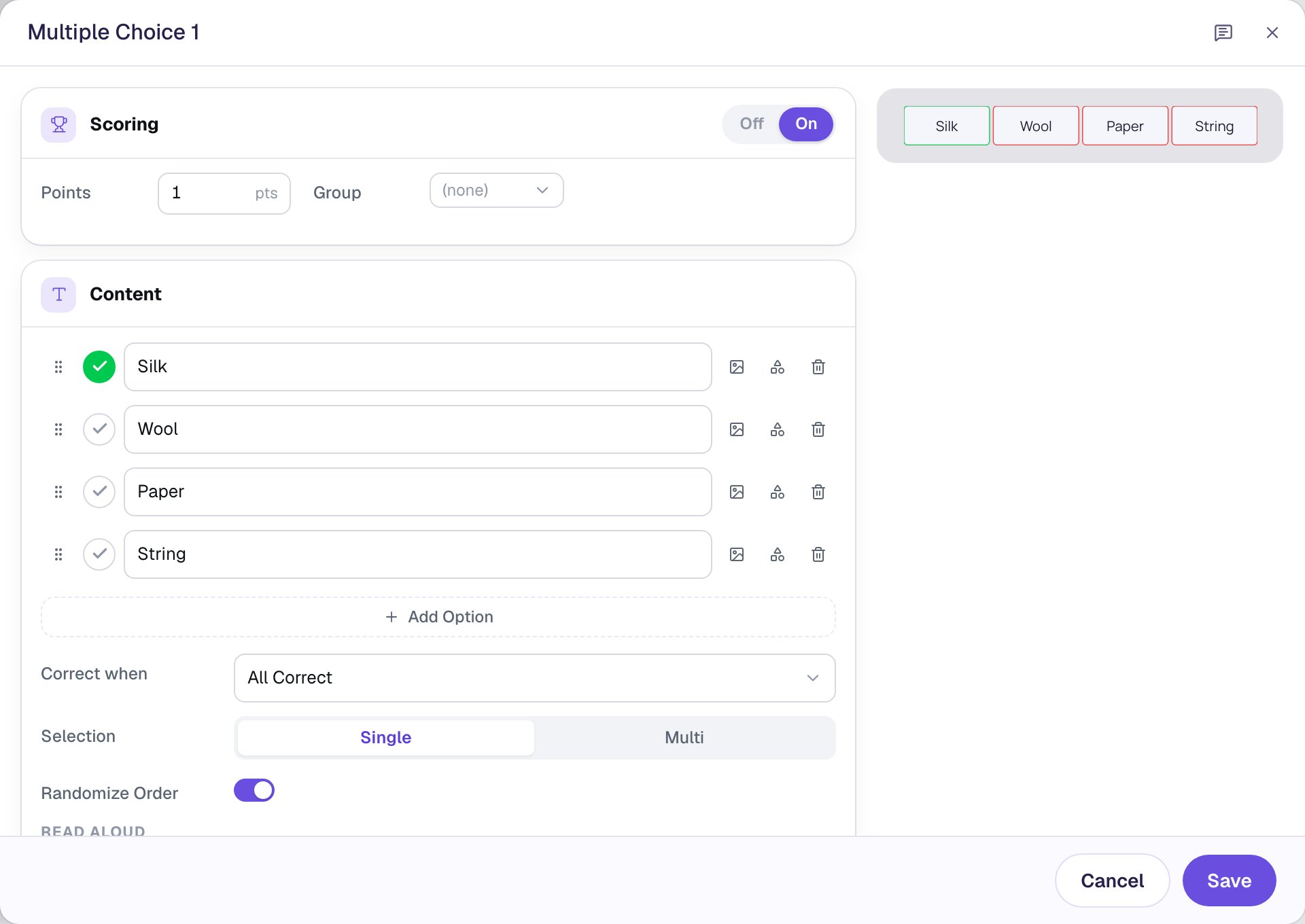 The Configure window for the web question: Silk ticked correct as the first of four answers, and Randomize Order switched on