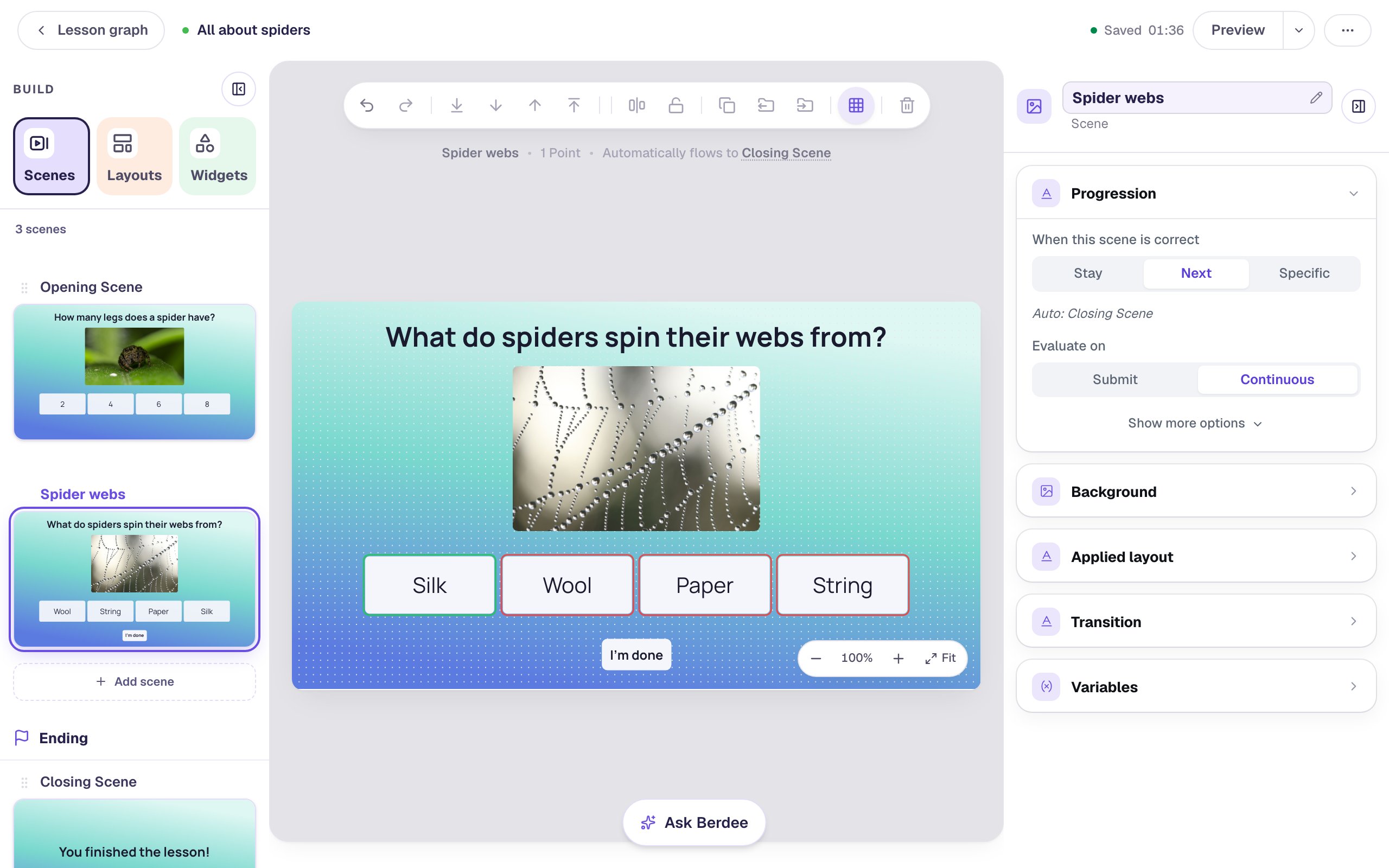 The Spider webs scene: the question What do spiders spin their webs from?, a close-up of dewy web threads, the answers Silk, Wool, Paper and String, and an I'm done button below