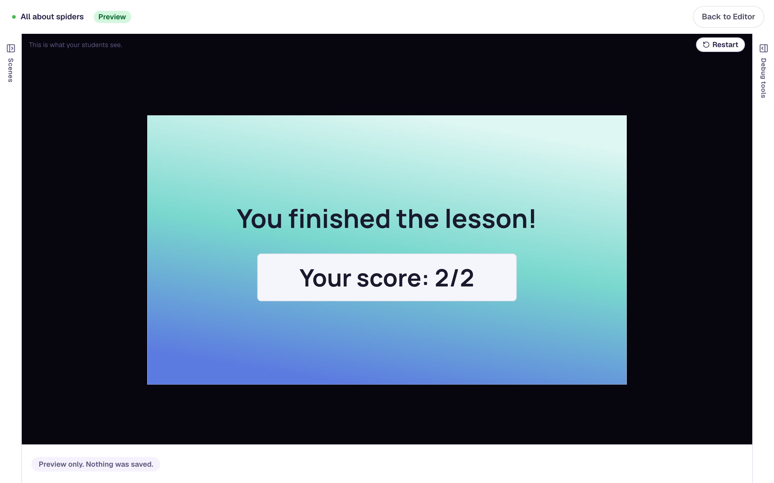 The ending on the same gradient: You finished the lesson! and Your score: 2/2
