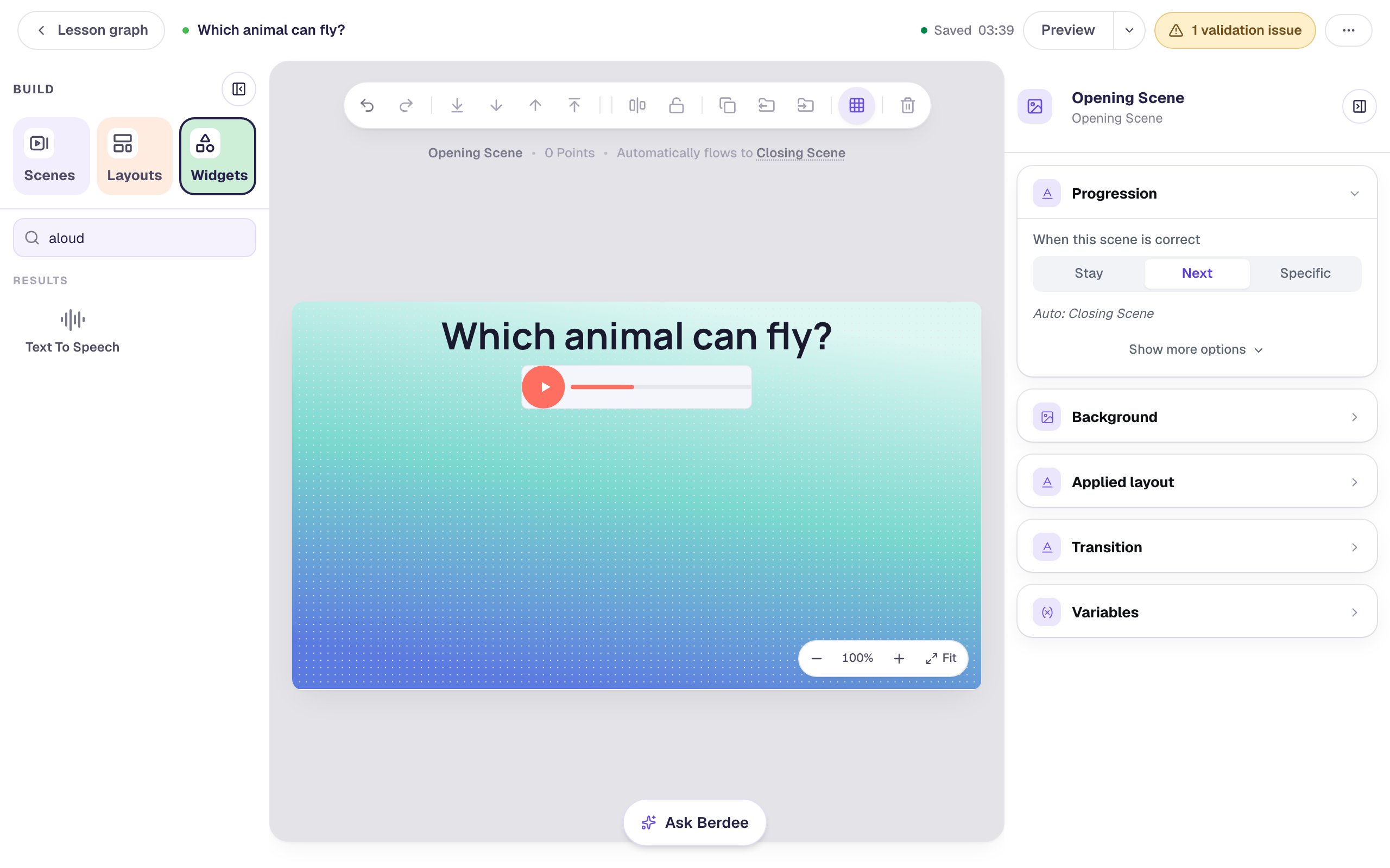The Opening Scene with a teal-to-blue gradient, the heading Which animal can fly?, and a Text To Speech player with a red play button under it