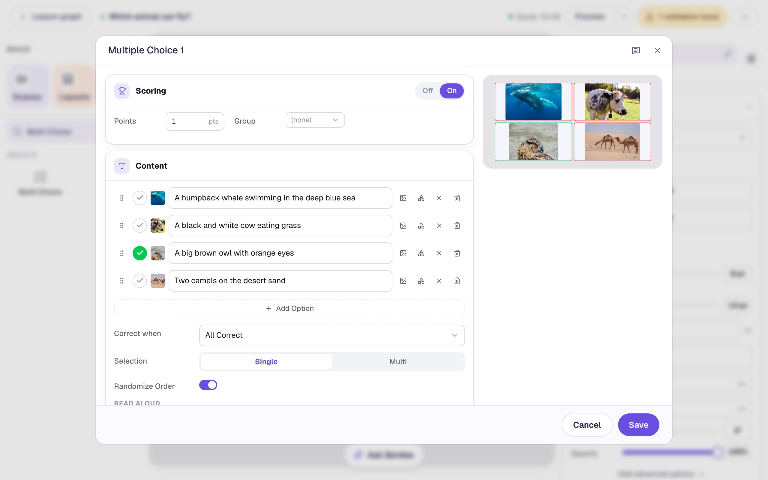 The Configure window with four answers, each with a photo thumbnail and a description, the owl marked correct, and the live preview showing a whale, a cow, an owl and two camels
