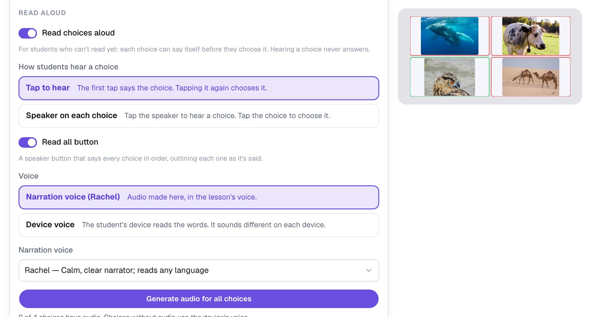 The Read aloud settings with Read choices aloud on, Tap to hear selected, the Read all button on, and Narration voice (Rachel) selected