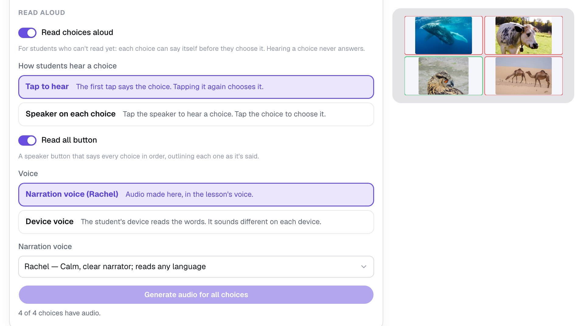 The Read aloud settings after generating, with the line 4 of 4 choices have audio under the greyed-out Generate button