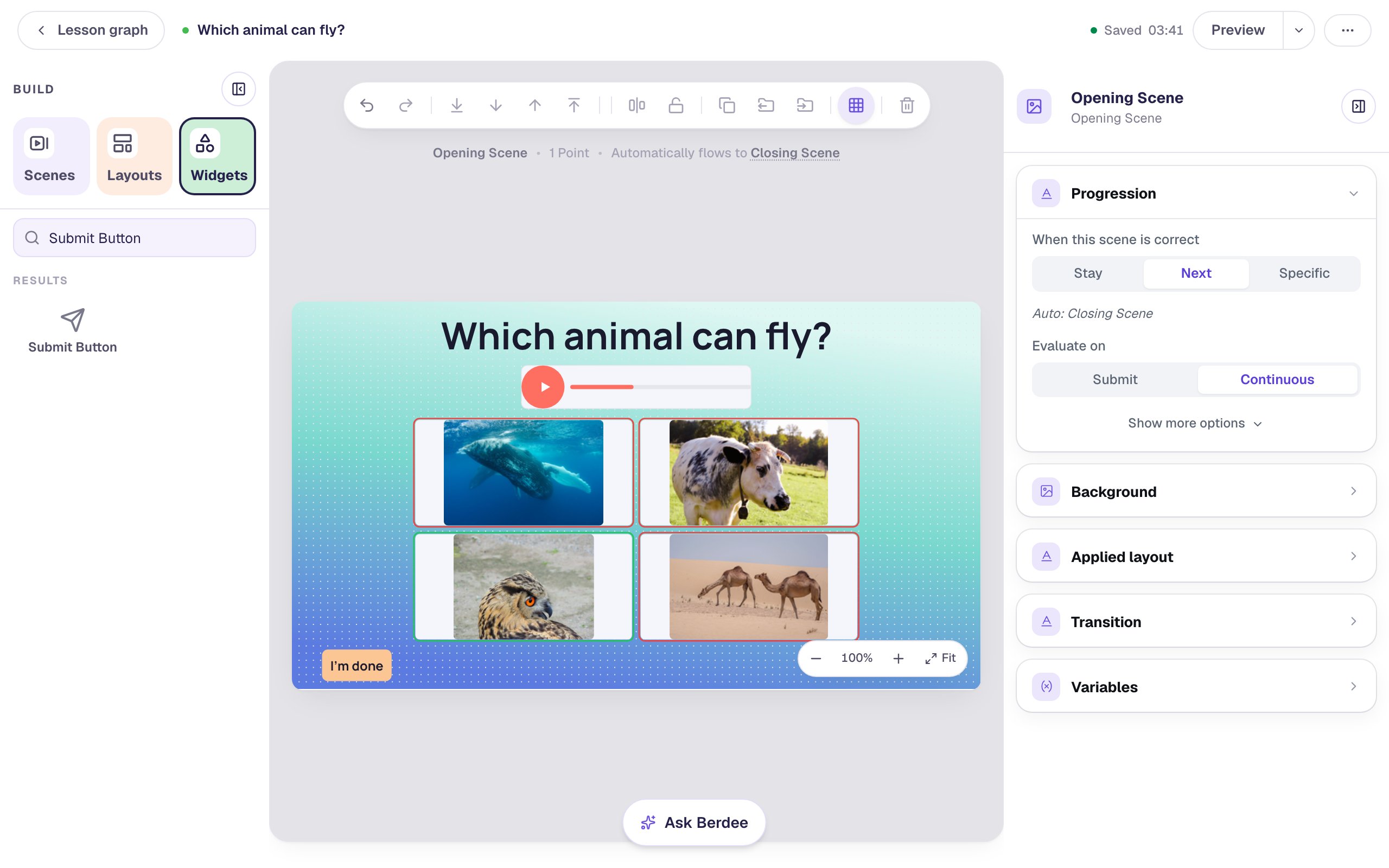 The finished scene: the heading, the question player, four animal photos with the owl outlined in green and the others in red, and a small I'm done button in the bottom-left corner