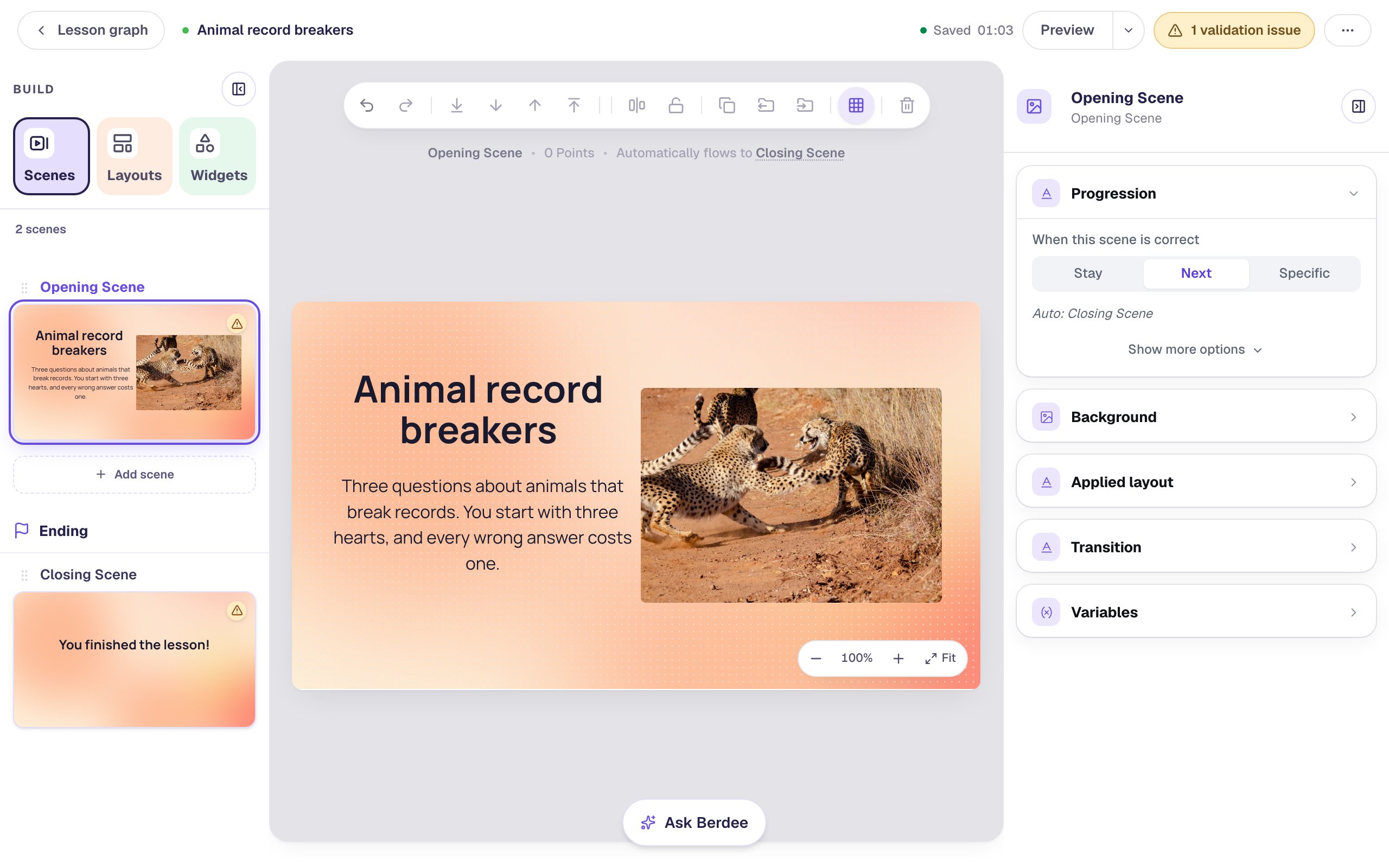 The Opening Scene on a peach Mesh sunrise gradient: the title Animal record breakers on two lines, the rules underneath, and a photo of two cheetahs play-fighting on the right