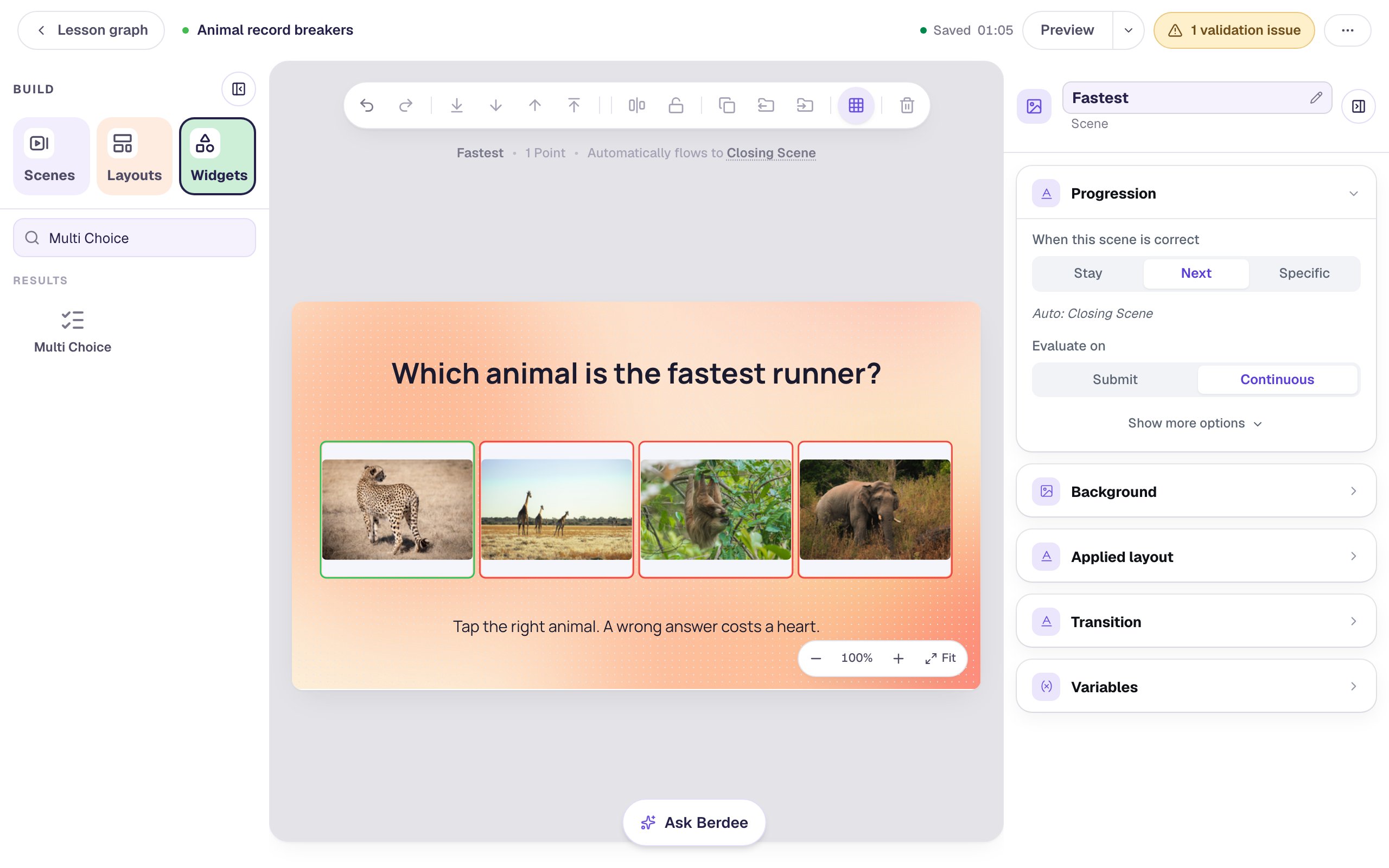 The Fastest scene: the heading Which animal is the fastest runner?, four photos in a row of a cheetah, giraffes, a sloth and an elephant, and Tap the right animal. A wrong answer costs a heart. along the bottom