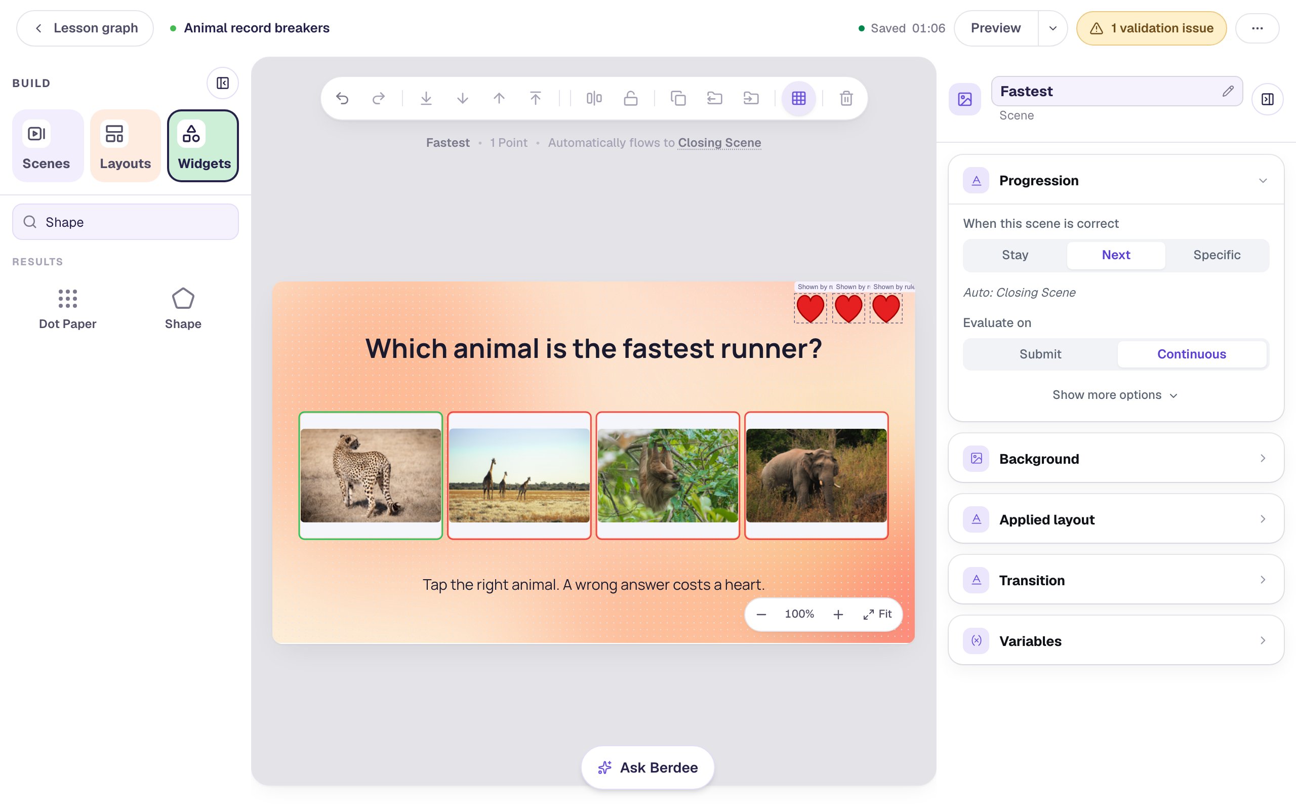 The Fastest scene with three red hearts in the top-right corner, each tagged Shown by rule, above the question and its four animal photos