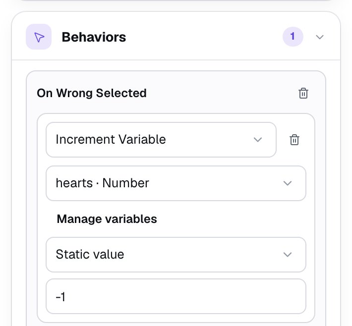 The question's On Wrong Selected behavior: Increment Variable, hearts · Number, Static value -1