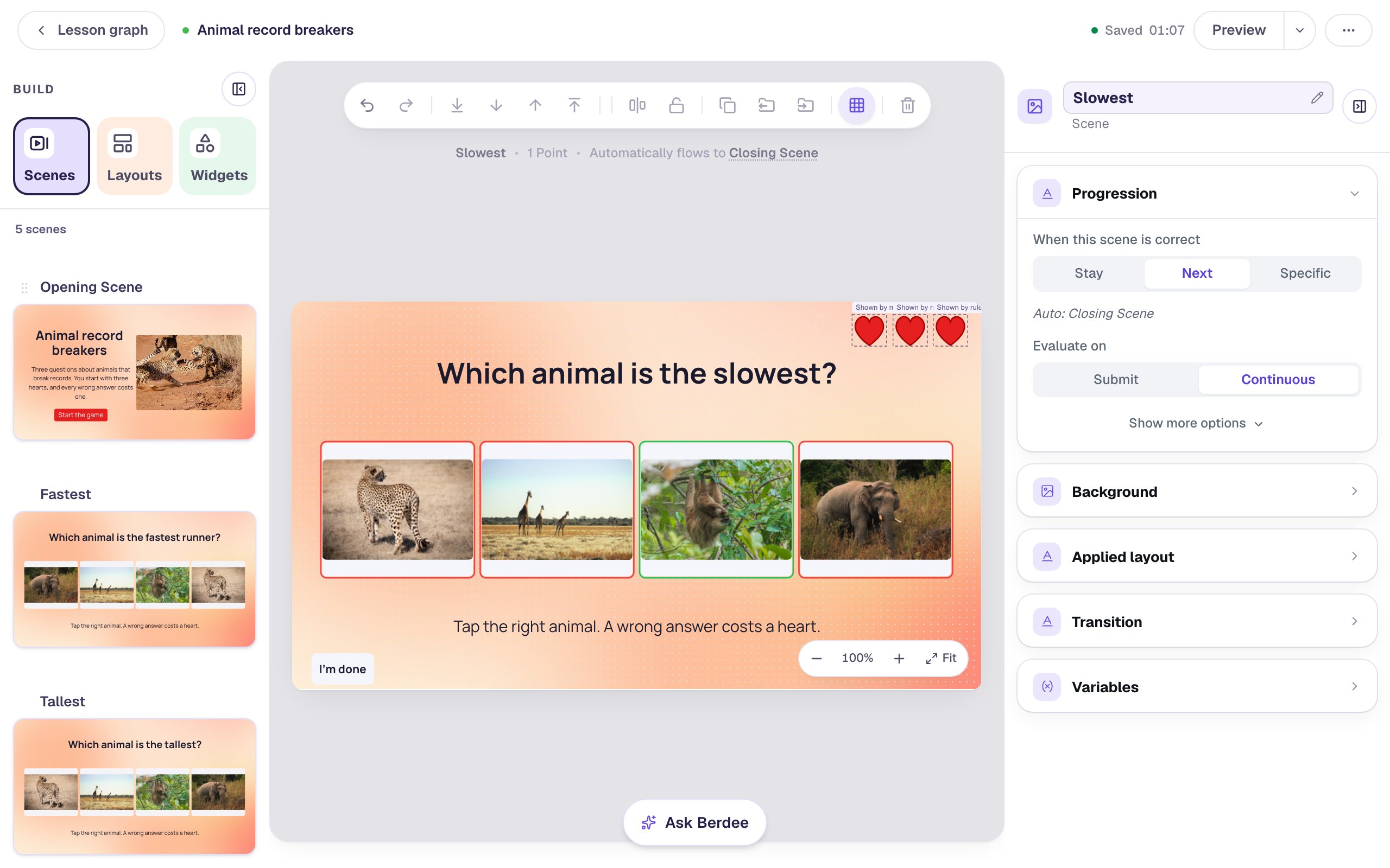 The Slowest scene: Which animal is the slowest?, the four animal photos with the sloth outlined in green, three hearts in the corner and a small I'm done button. The Scenes panel lists Opening Scene, Fastest, Tallest and Slowest