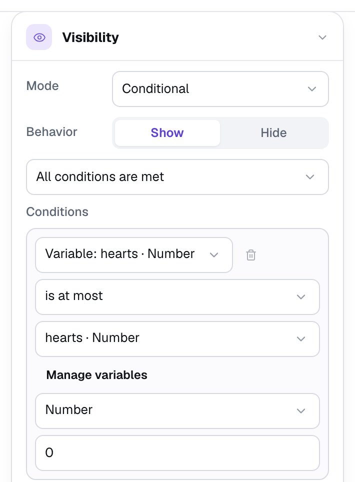 The Out of hearts text's Visibility section: Conditional, Show, with the condition Variable hearts is at most the Number 0