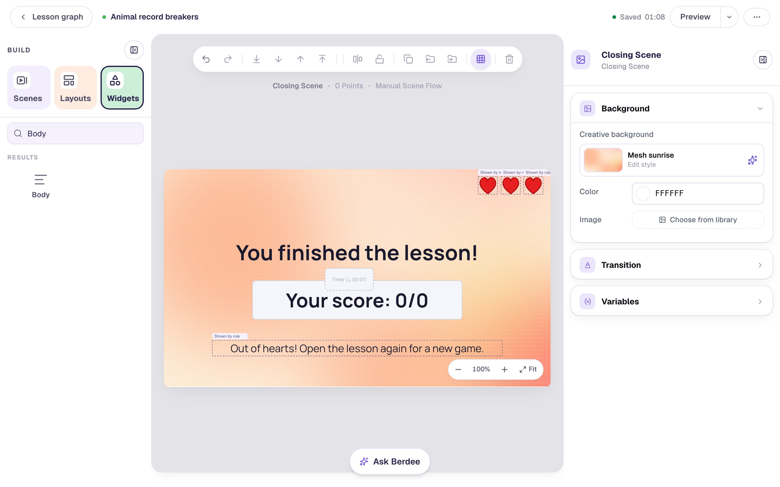 The Closing Scene in the studio: three hearts in the top-right corner, You finished the lesson!, Your score: 0/0, and Out of hearts! Open the lesson again for a new game., each with a Shown by rule tag