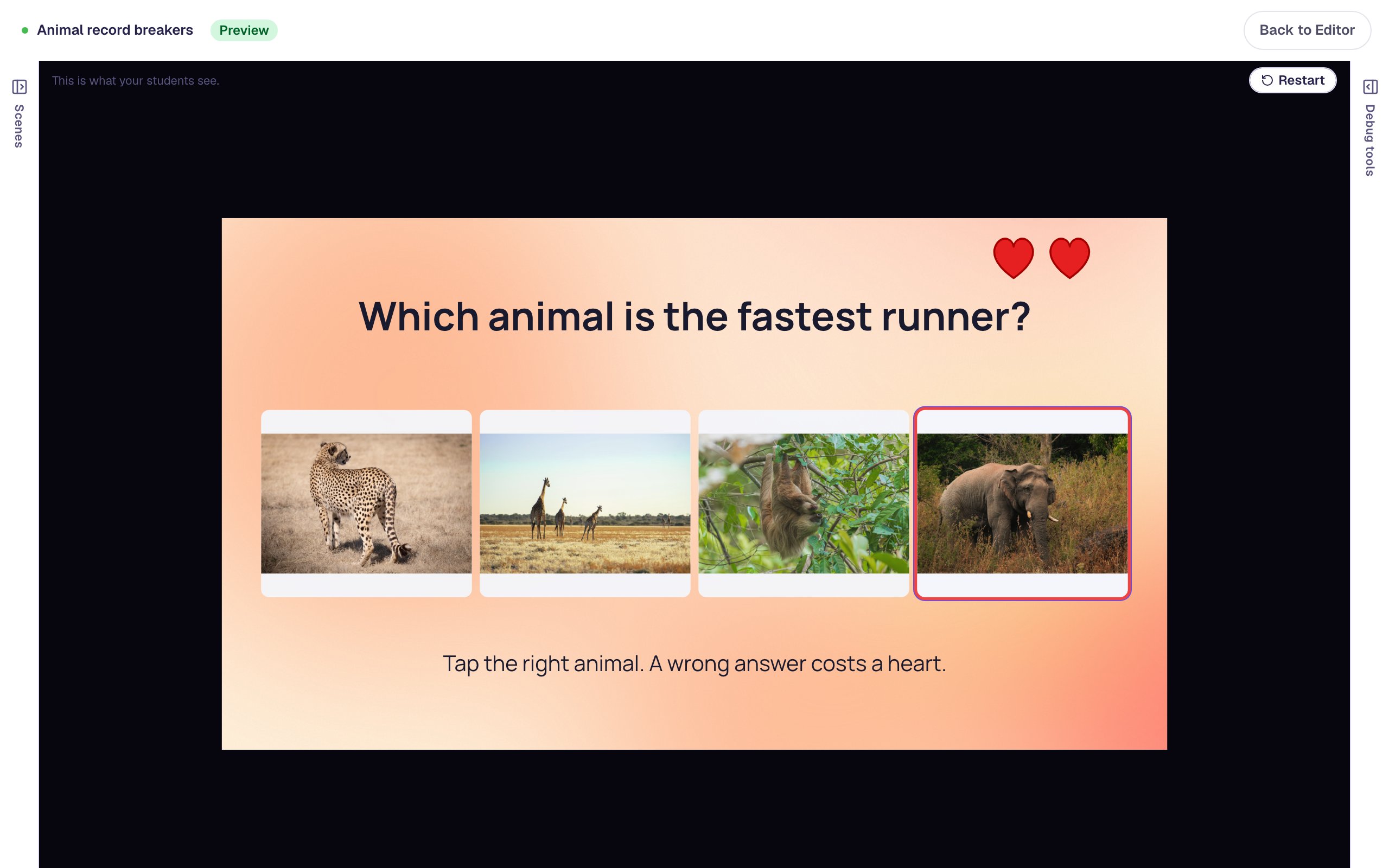 In preview, the elephant is outlined in red and only two hearts are left in the corner