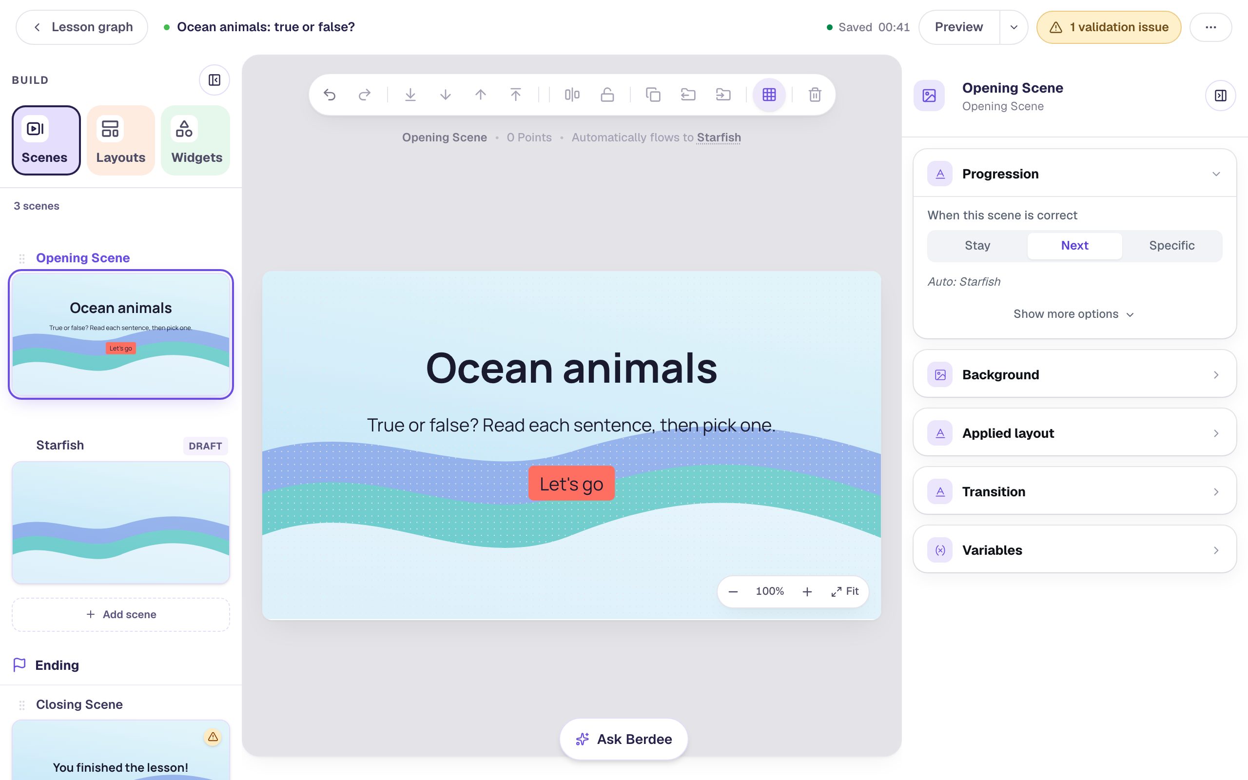 The Opening Scene with the heading Ocean animals, the line True or false? Read each sentence, then pick one, and a Let's go button over a wave background, with Starfish listed below it in the Scenes tab