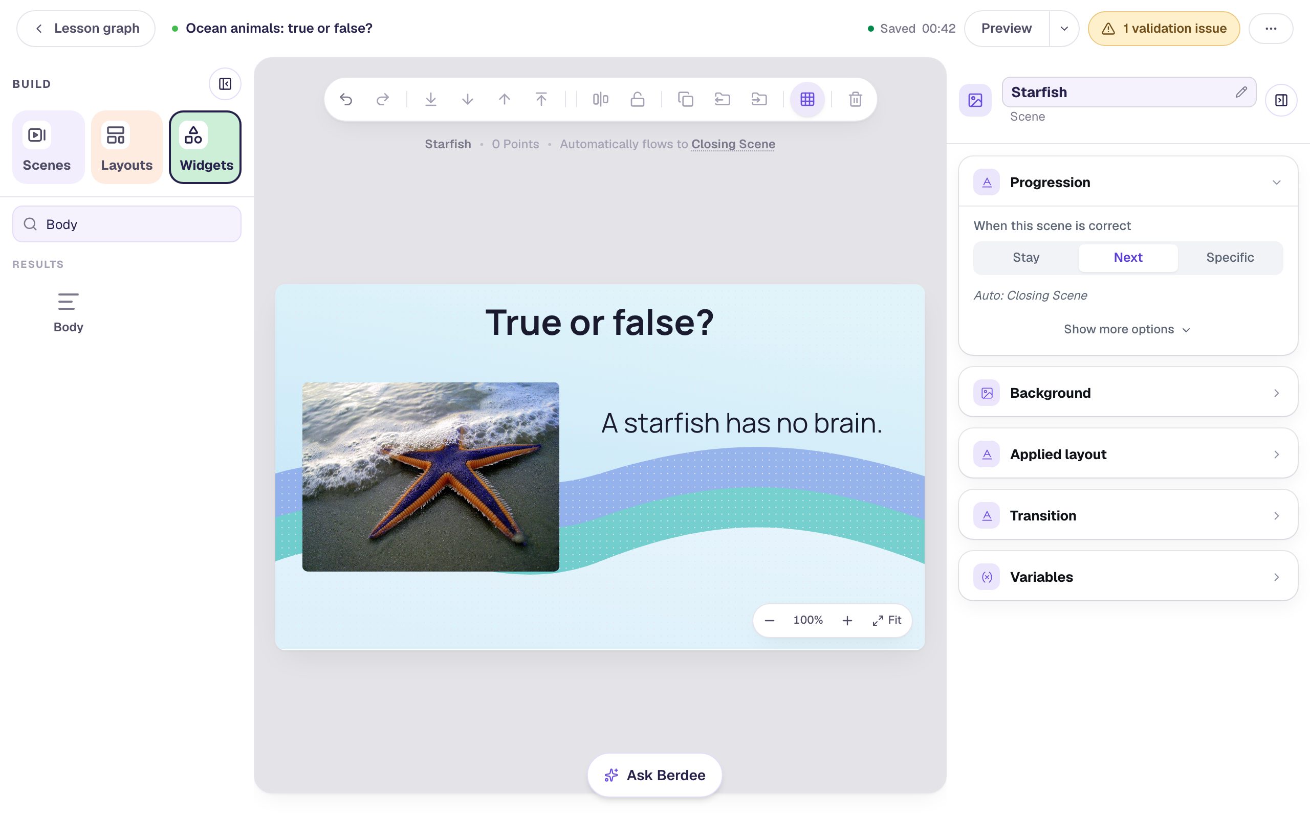 The Starfish scene with True or false? across the top, a photo of a purple and orange starfish in the surf on the left, and A starfish has no brain. on the right