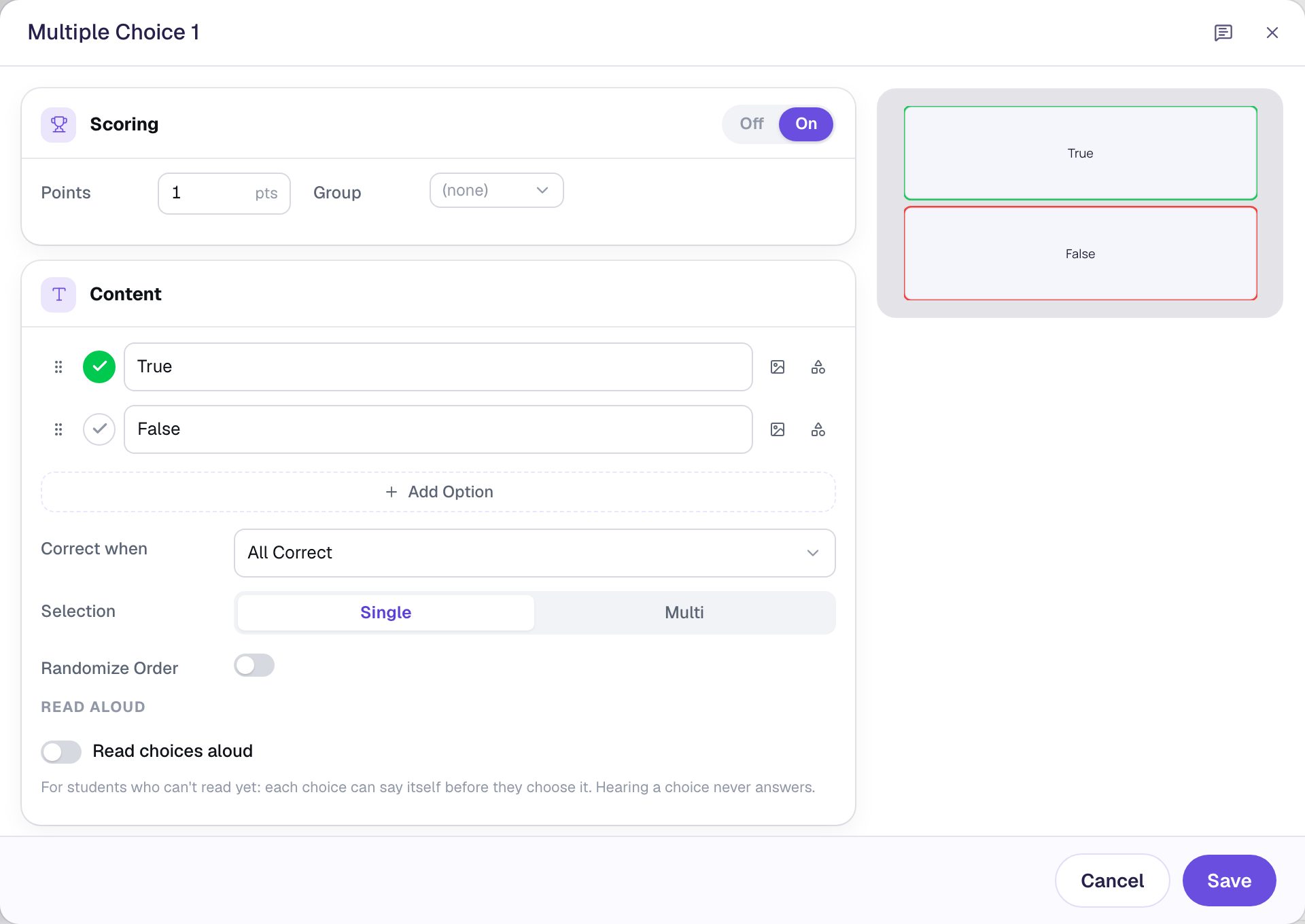 The Configure dialog with True marked correct, False unmarked, Selection Single, and Randomize Order switched off