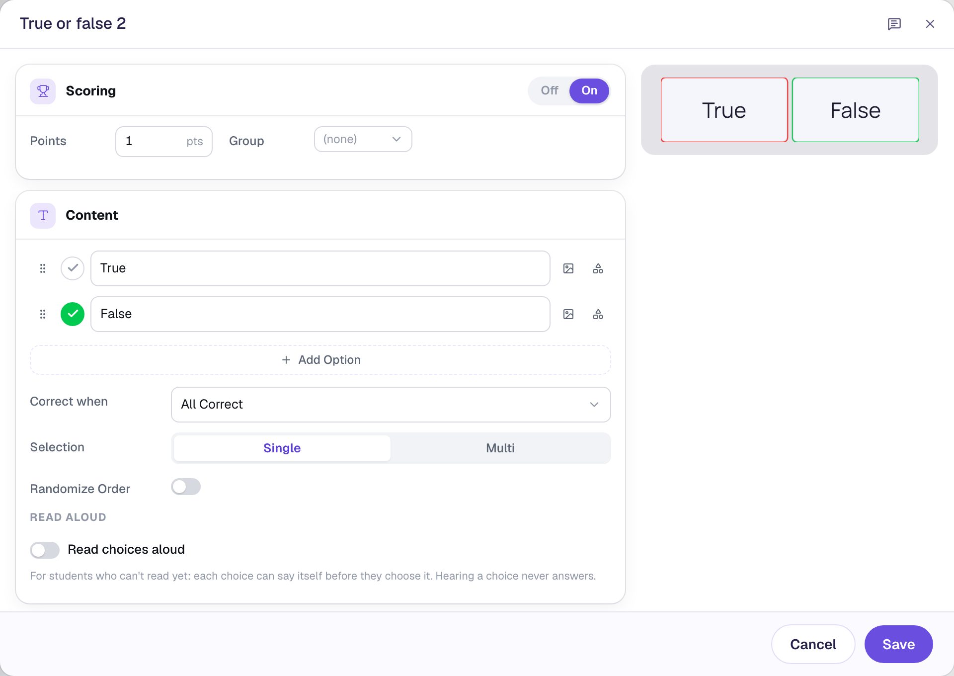 The Configure dialog for the whale's question with False marked correct and True unmarked